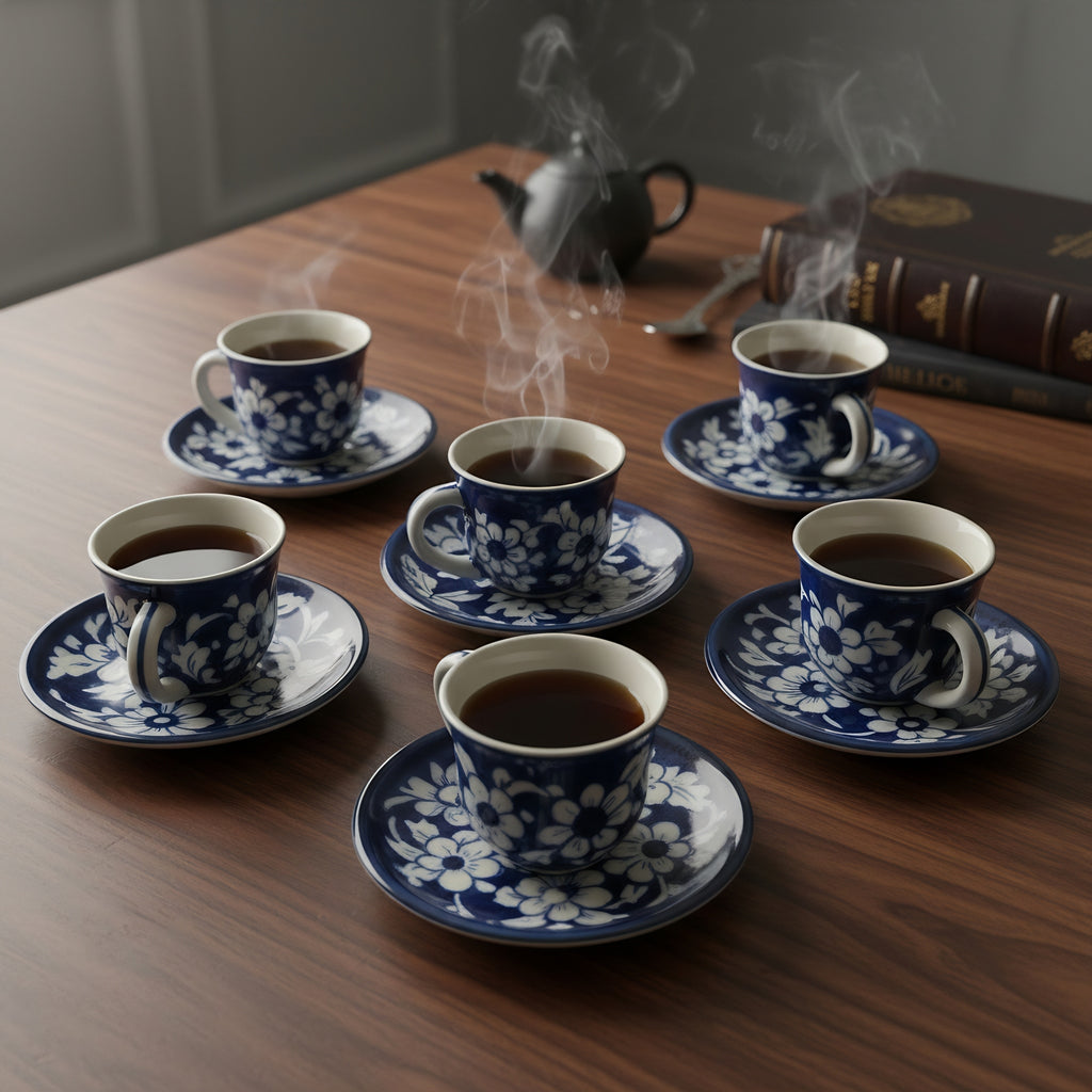 Cobalt Floral Blue Pottery Kehwa Cup & Saucer Set – 6 Pieces