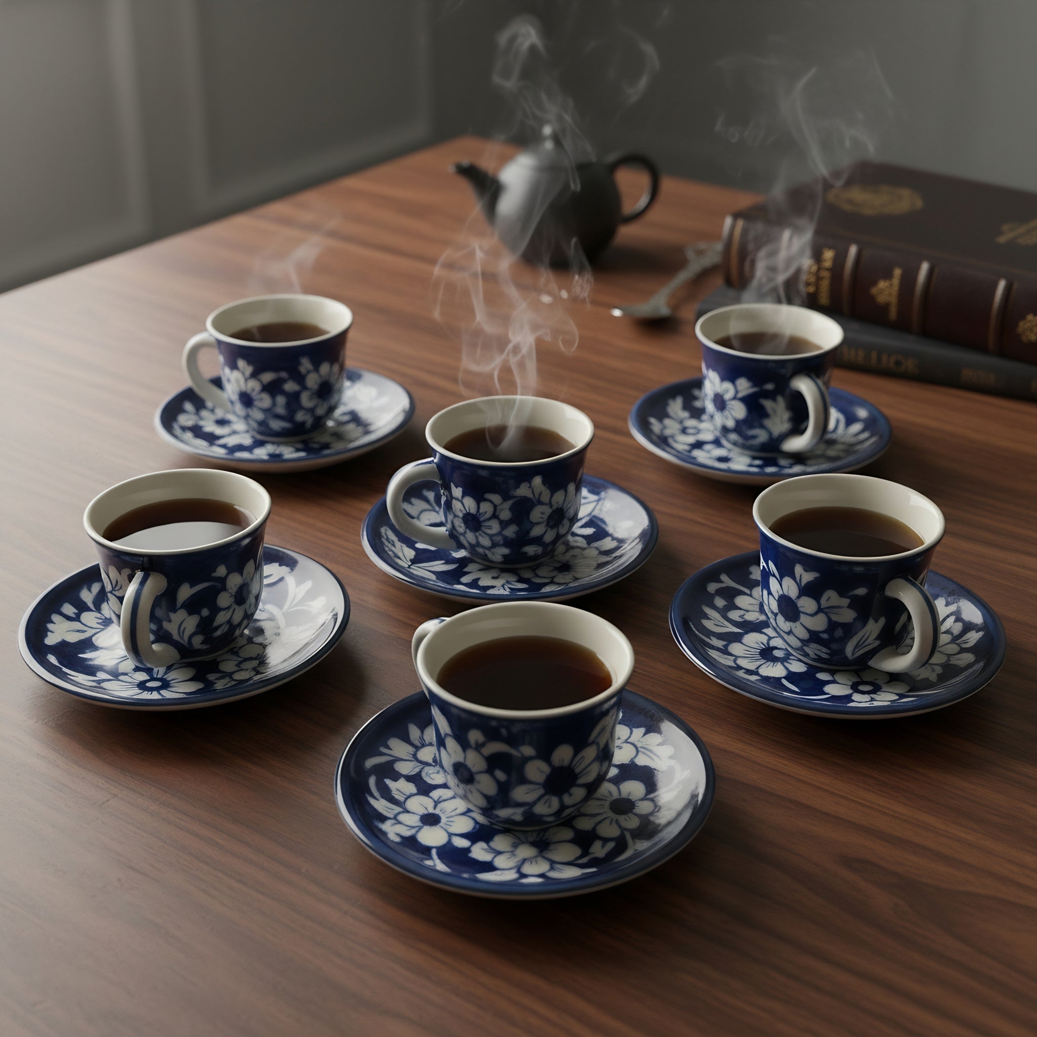 Cobalt Floral Blue Pottery Kehwa Cup & Saucer Set – 6 Pieces