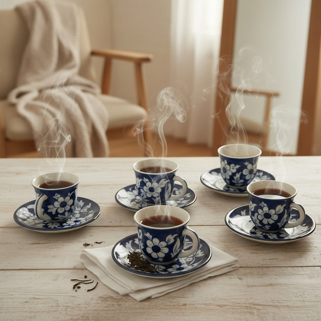 Cobalt Floral Blue Pottery Kehwa Cup & Saucer Set – 6 Pieces