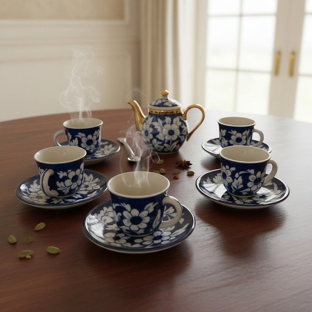 Cobalt Floral Blue Pottery Kehwa Cup & Saucer Set – 6 Pieces