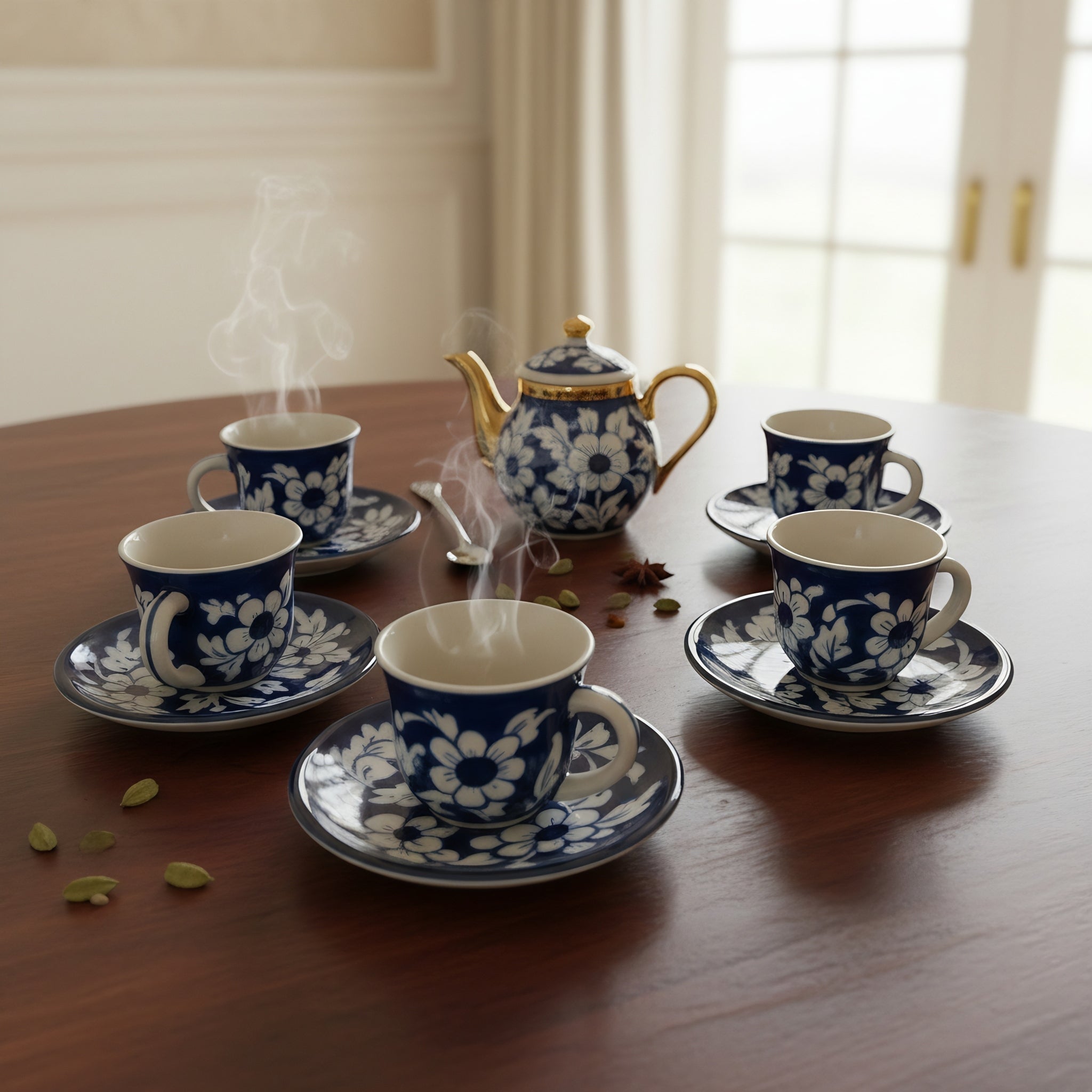Cobalt Floral Blue Pottery Kehwa Cup & Saucer Set – 6 Pieces