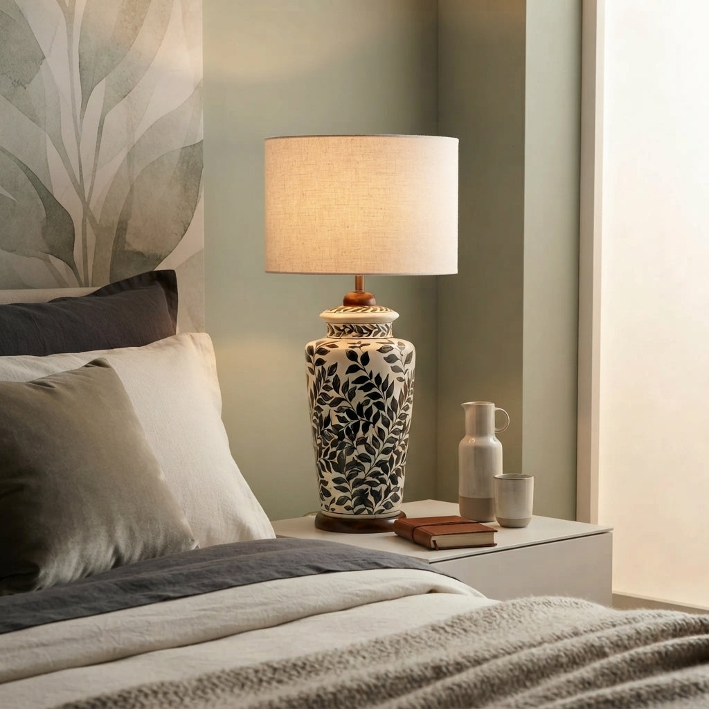 Ceramic Table Lamp Base - Tall Hand-Painted Black and White Leaf Vine Lamp Base