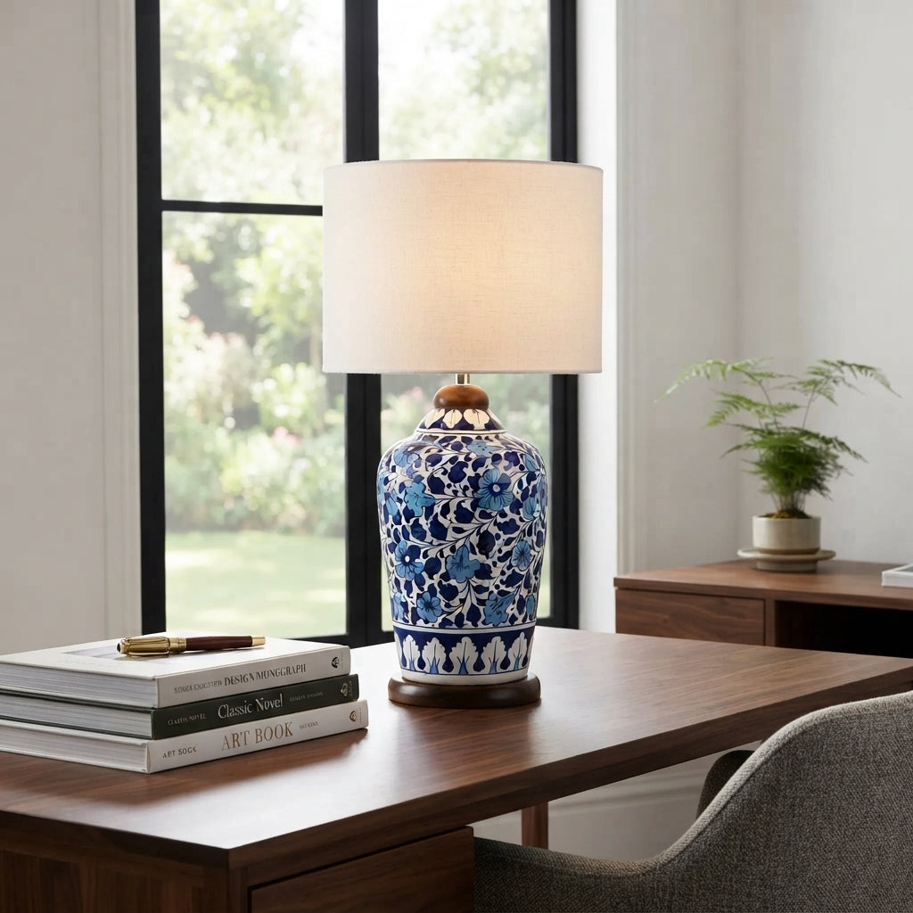 Blue Pottery Slim Table Lamp Base - Hand-Painted Cobalt Floral Vine Ceramic Lamp Base