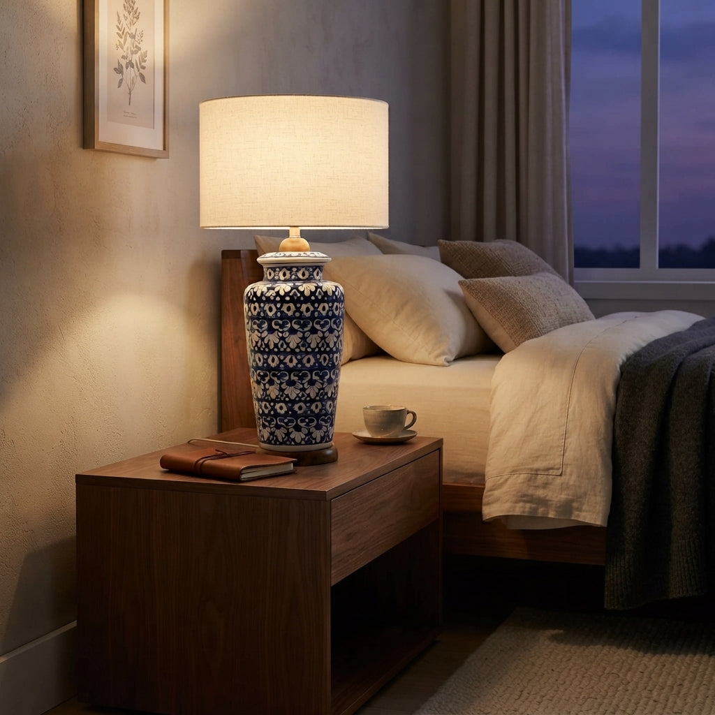 Blue Pottery Table Lamp Base - Tall Hand-Painted Ceramic Lamp Base with Banded Rosette Design