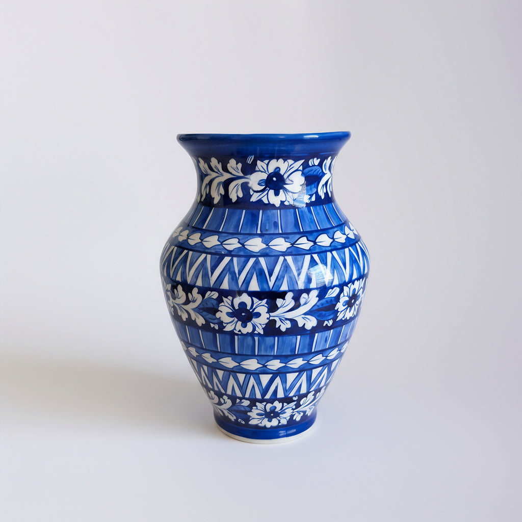 Cobalt Geometric Floral Blue Pottery Vase – 12.5 Inch