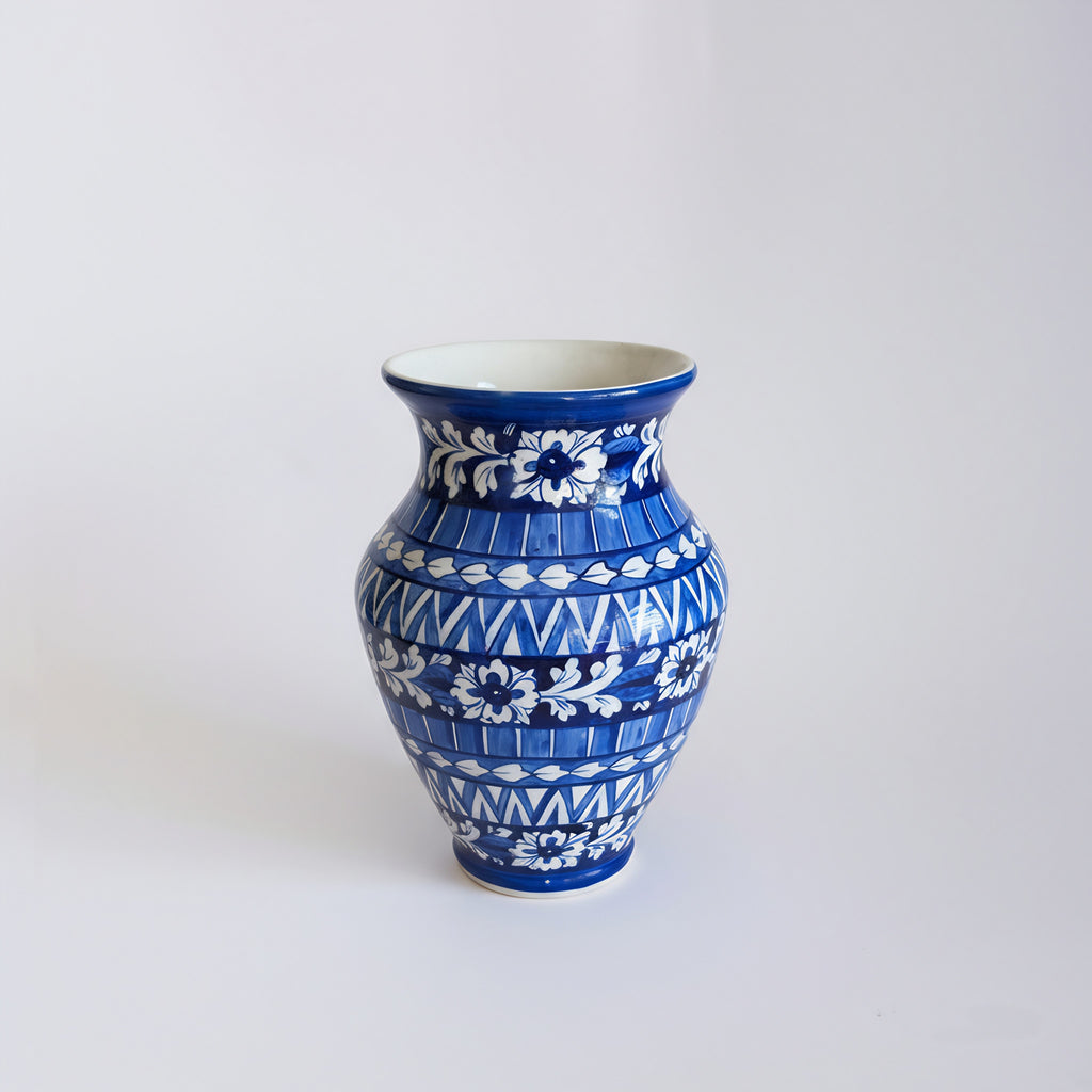 Cobalt Geometric Floral Blue Pottery Vase – 12.5 Inch