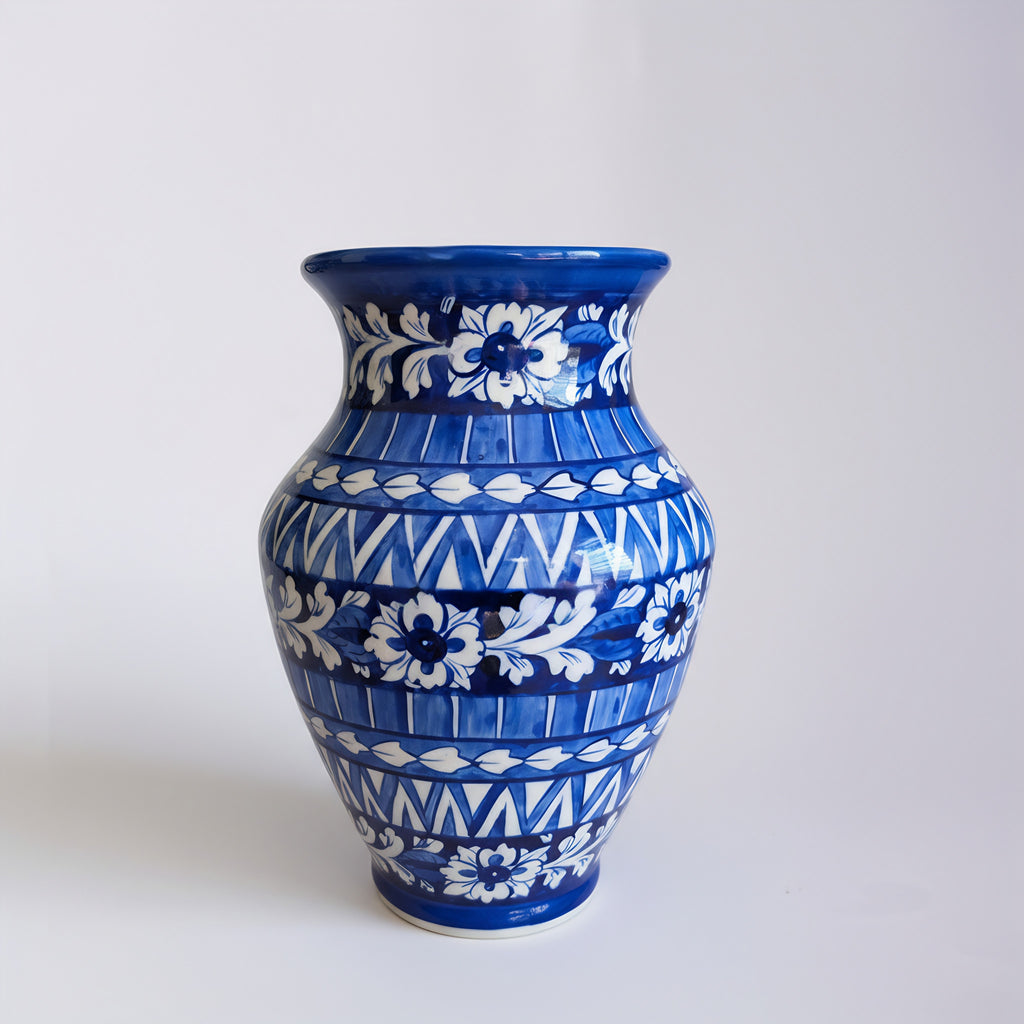 Cobalt Geometric Floral Blue Pottery Vase – 12.5 Inch