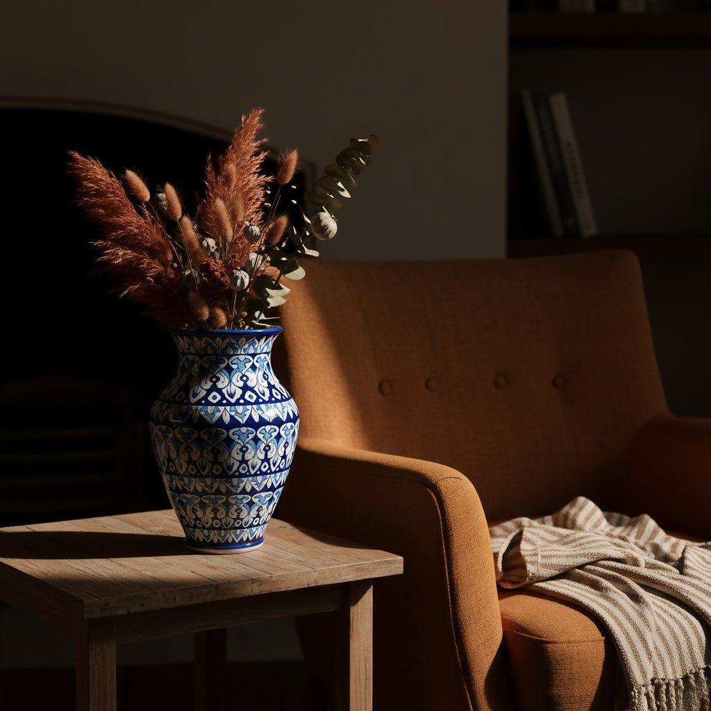 Deep Blue Floral Blue Pottery Vase – 12.5 Inch