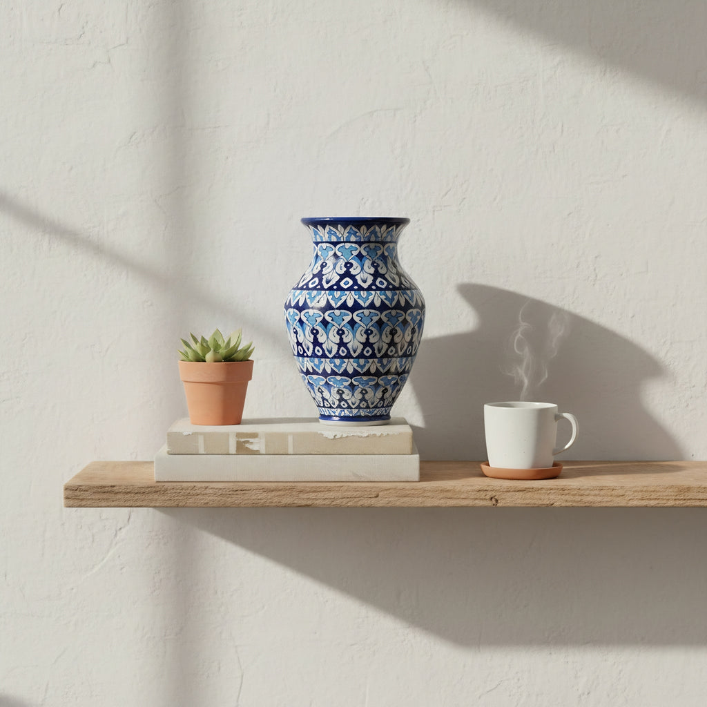 Deep Blue Floral Blue Pottery Vase – 12.5 Inch