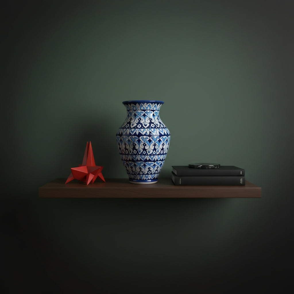 Deep Blue Floral Blue Pottery Vase – 12.5 Inch