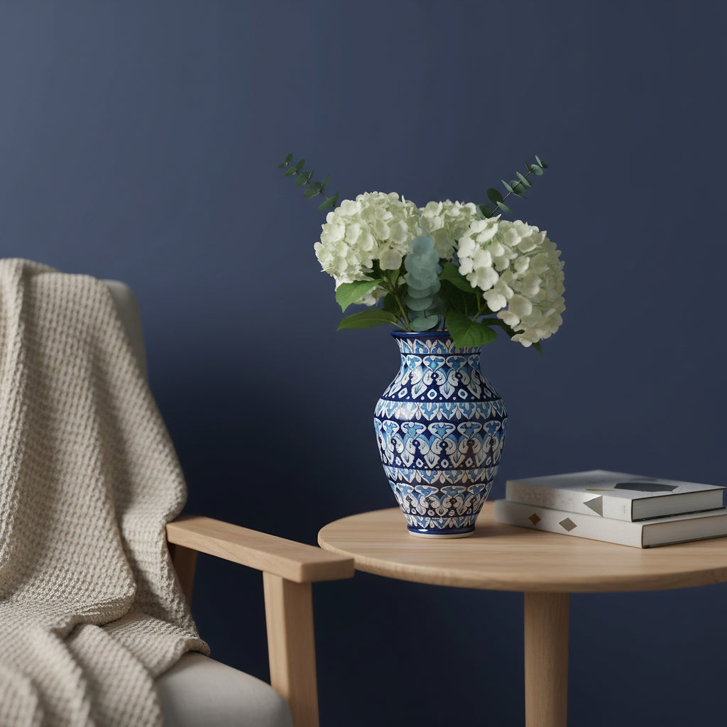 Deep Blue Floral Blue Pottery Vase – 12.5 Inch