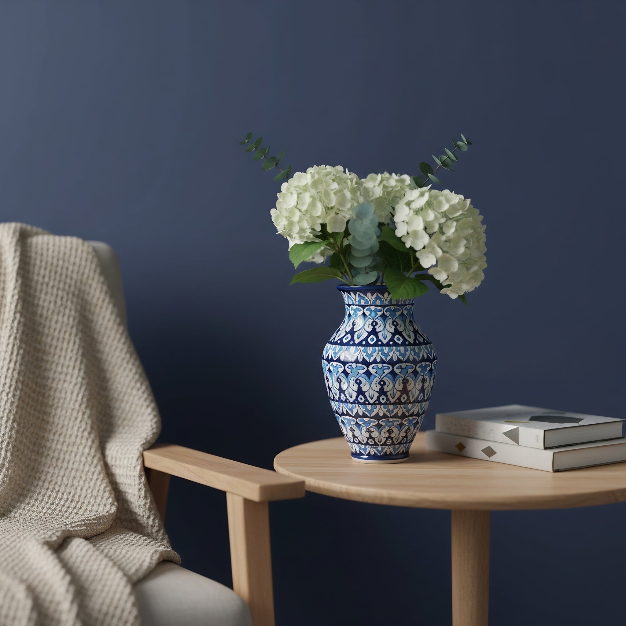 Deep Blue Floral Blue Pottery Vase – 12.5 Inch