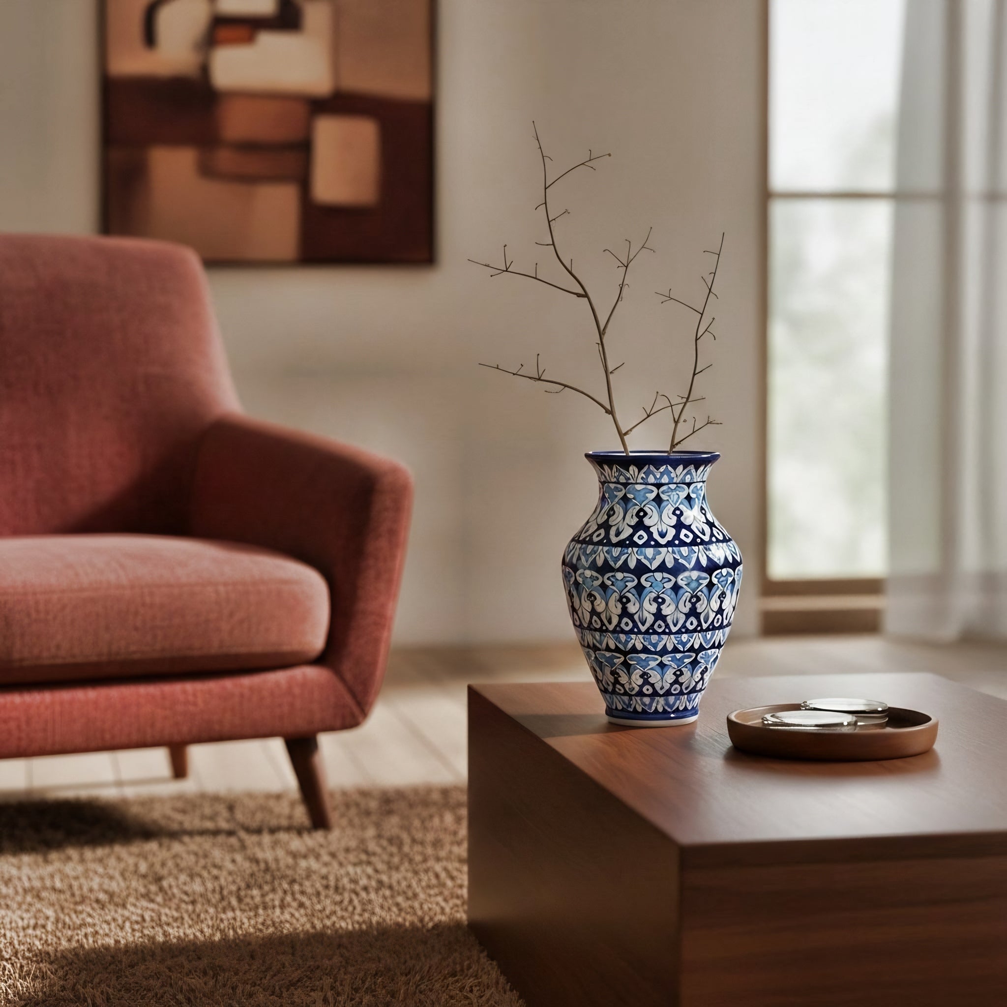 Deep Blue Floral Blue Pottery Vase – 12.5 Inch