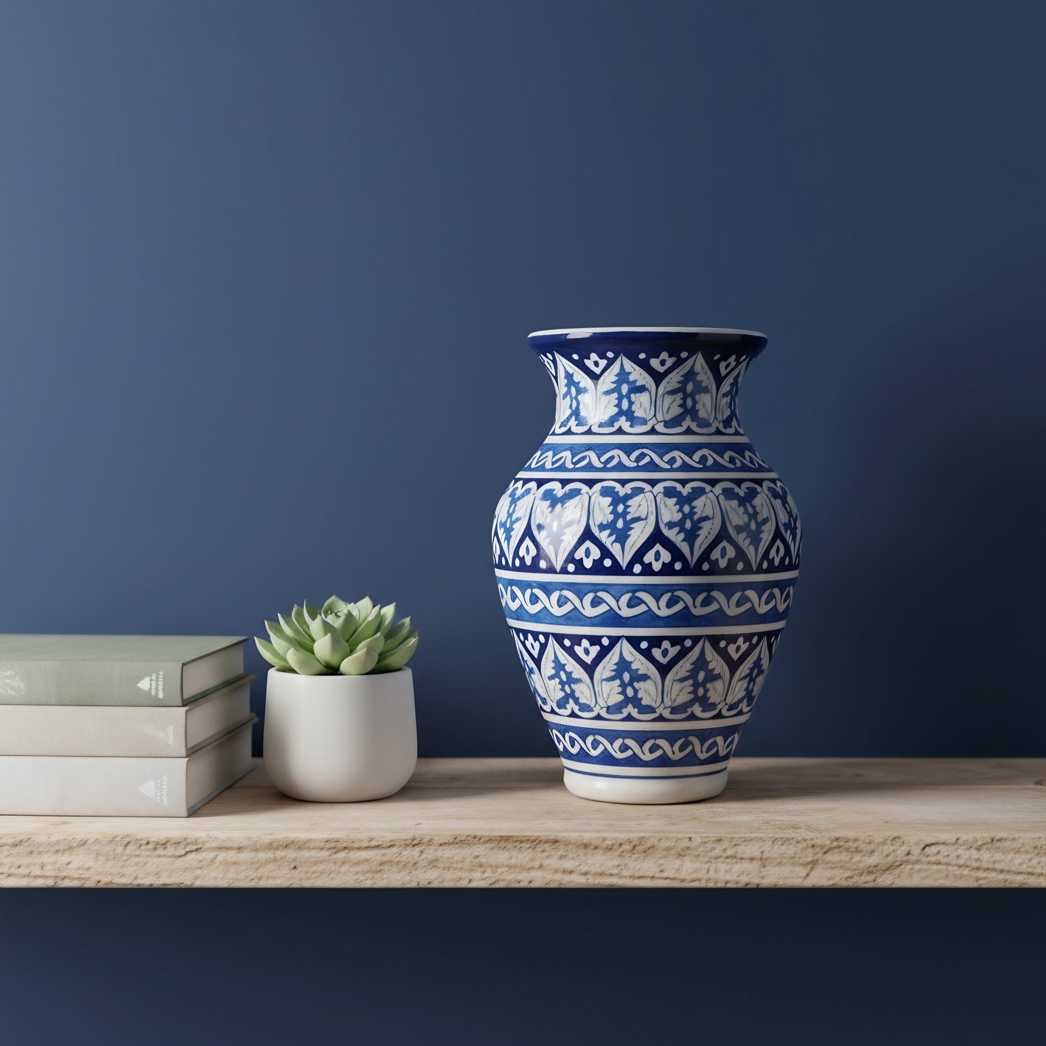 Deep Blue Floral Lattice Blue Pottery Vase – 12.5 Inch