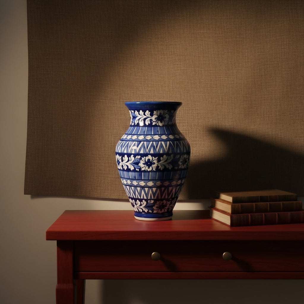 Cobalt Geometric Floral Blue Pottery Vase – 12.5 Inch