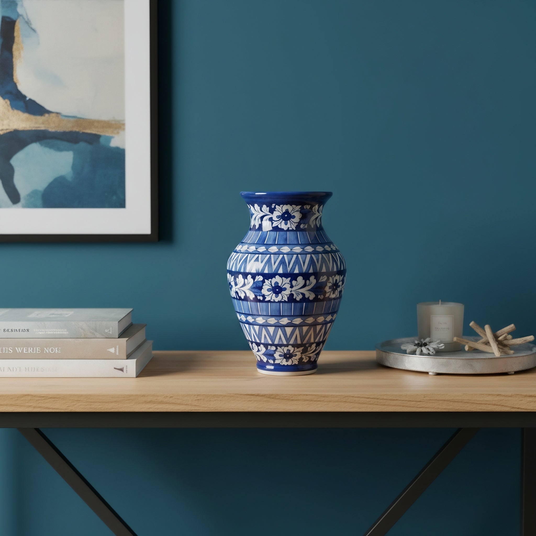 Cobalt Geometric Floral Blue Pottery Vase – 12.5 Inch