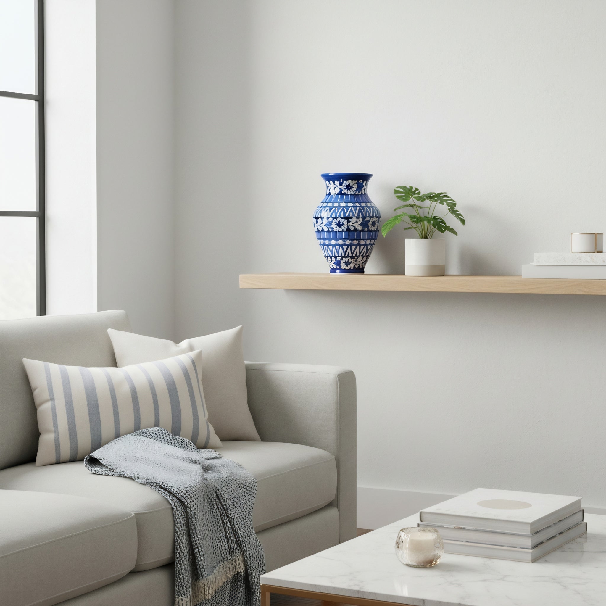 Cobalt Geometric Floral Blue Pottery Vase – 12.5 Inch