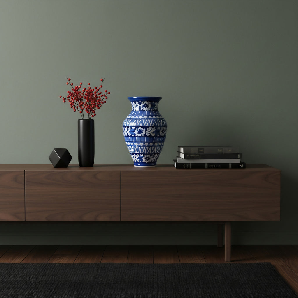 Cobalt Geometric Floral Blue Pottery Vase – 12.5 Inch