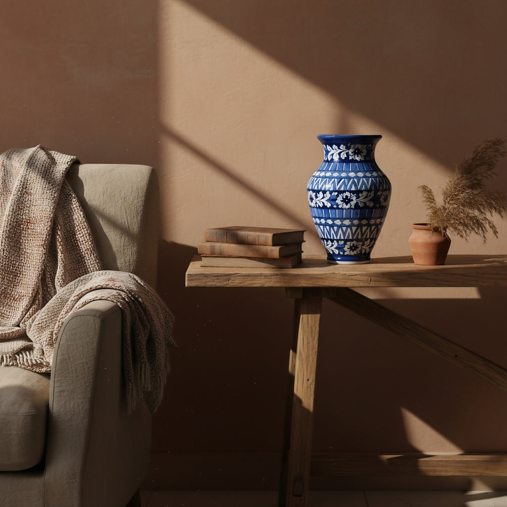 Cobalt Geometric Floral Blue Pottery Vase – 12.5 Inch