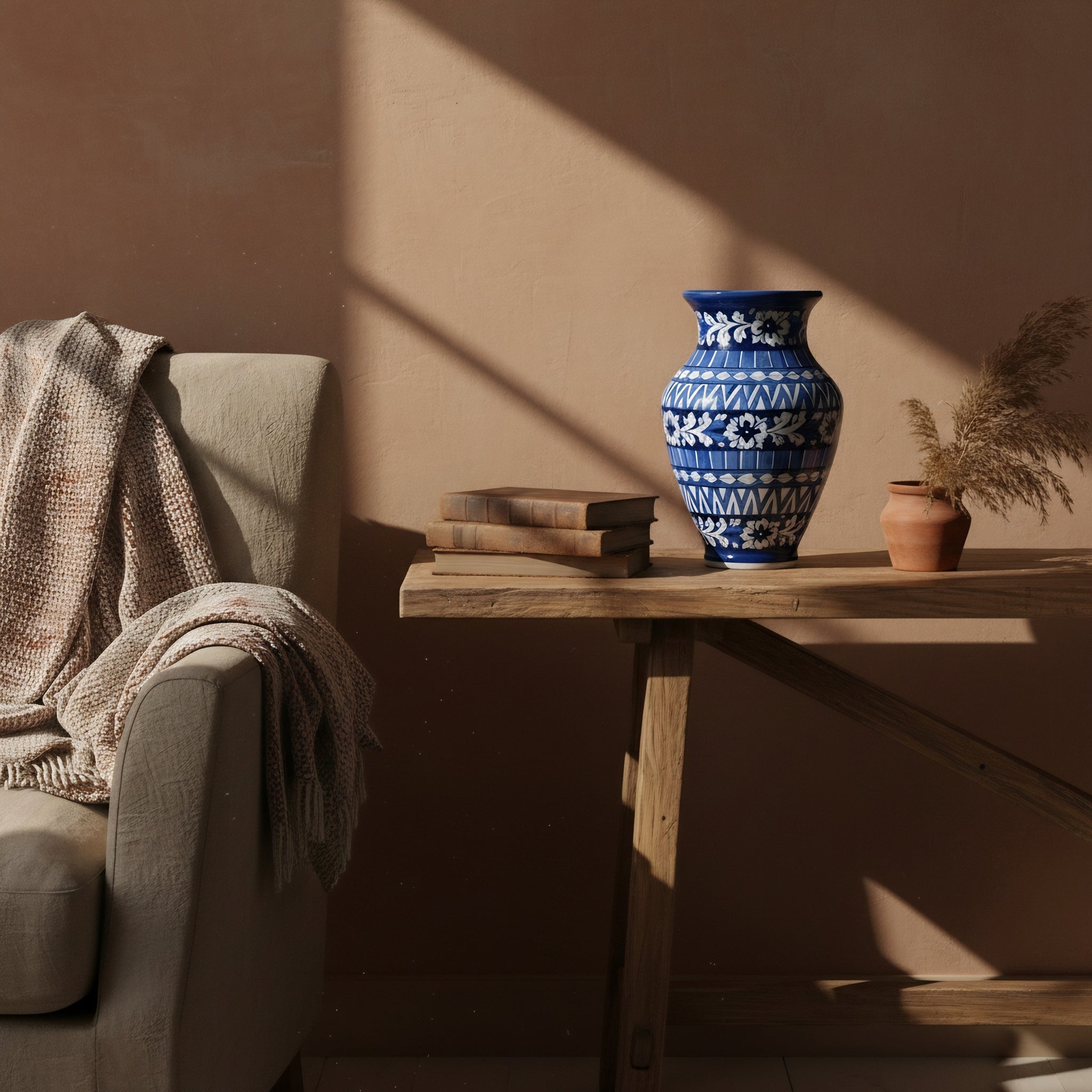 Cobalt Geometric Floral Blue Pottery Vase – 12.5 Inch