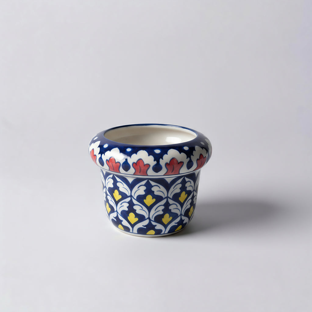 Hand-Painted Blue Pottery Planter — 6″ Wide × 5″ High Multani Ceramic (Red–Yellow Floral Lattice)
