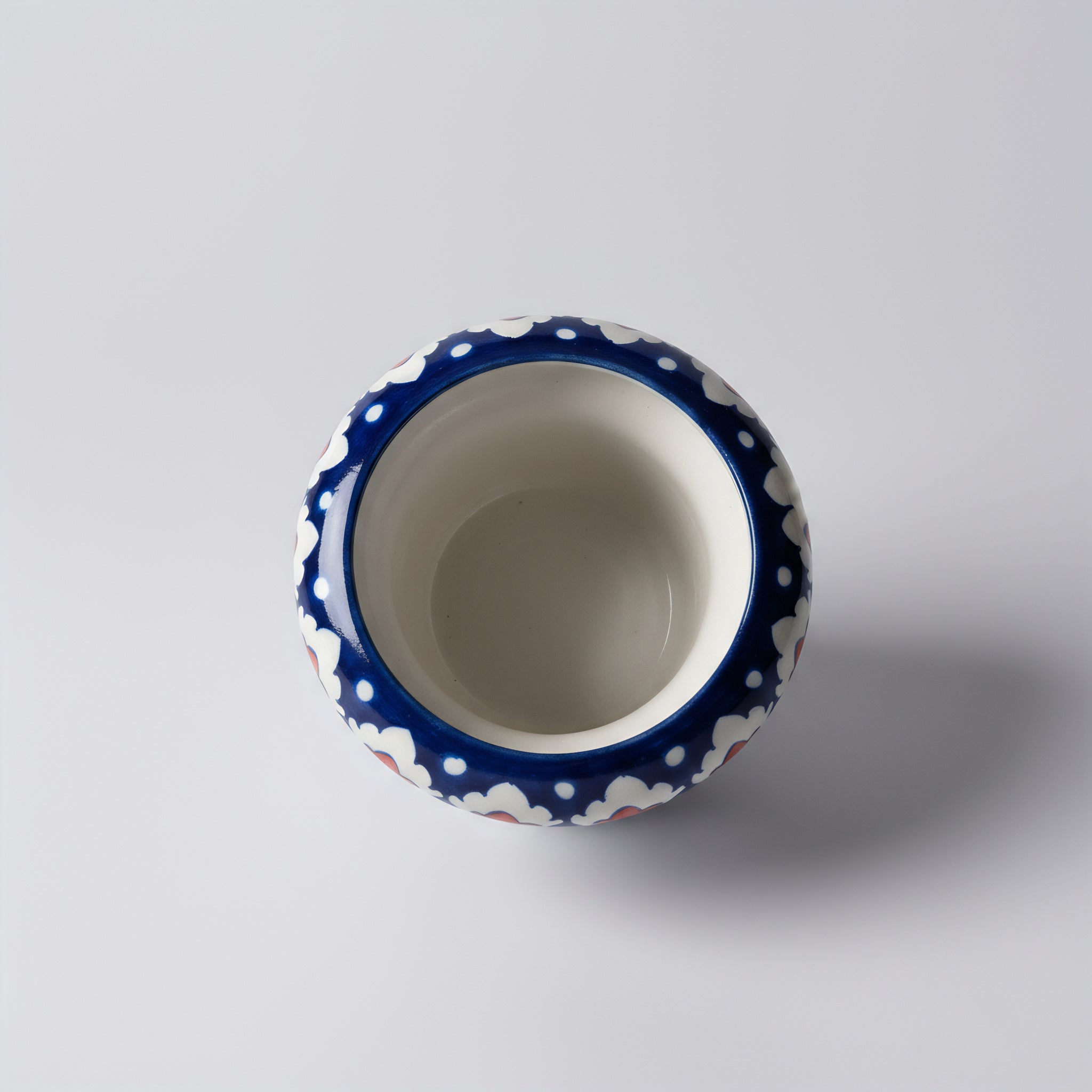 Hand-Painted Blue Pottery Planter — 6″ Wide × 5″ High Multani Ceramic (Red–Yellow Floral Lattice)