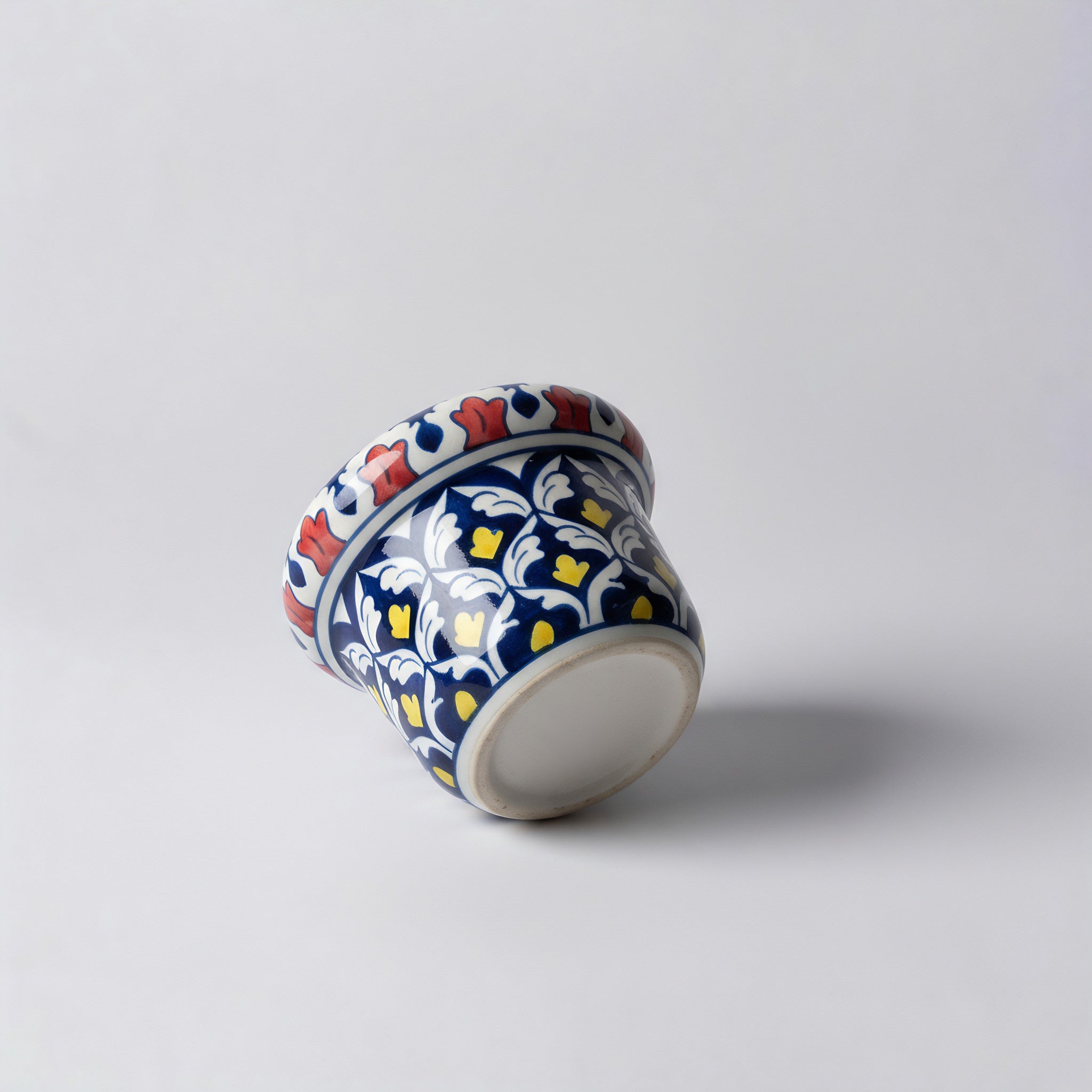 Hand-Painted Blue Pottery Planter — 6″ Wide × 5″ High Multani Ceramic (Red–Yellow Floral Lattice)