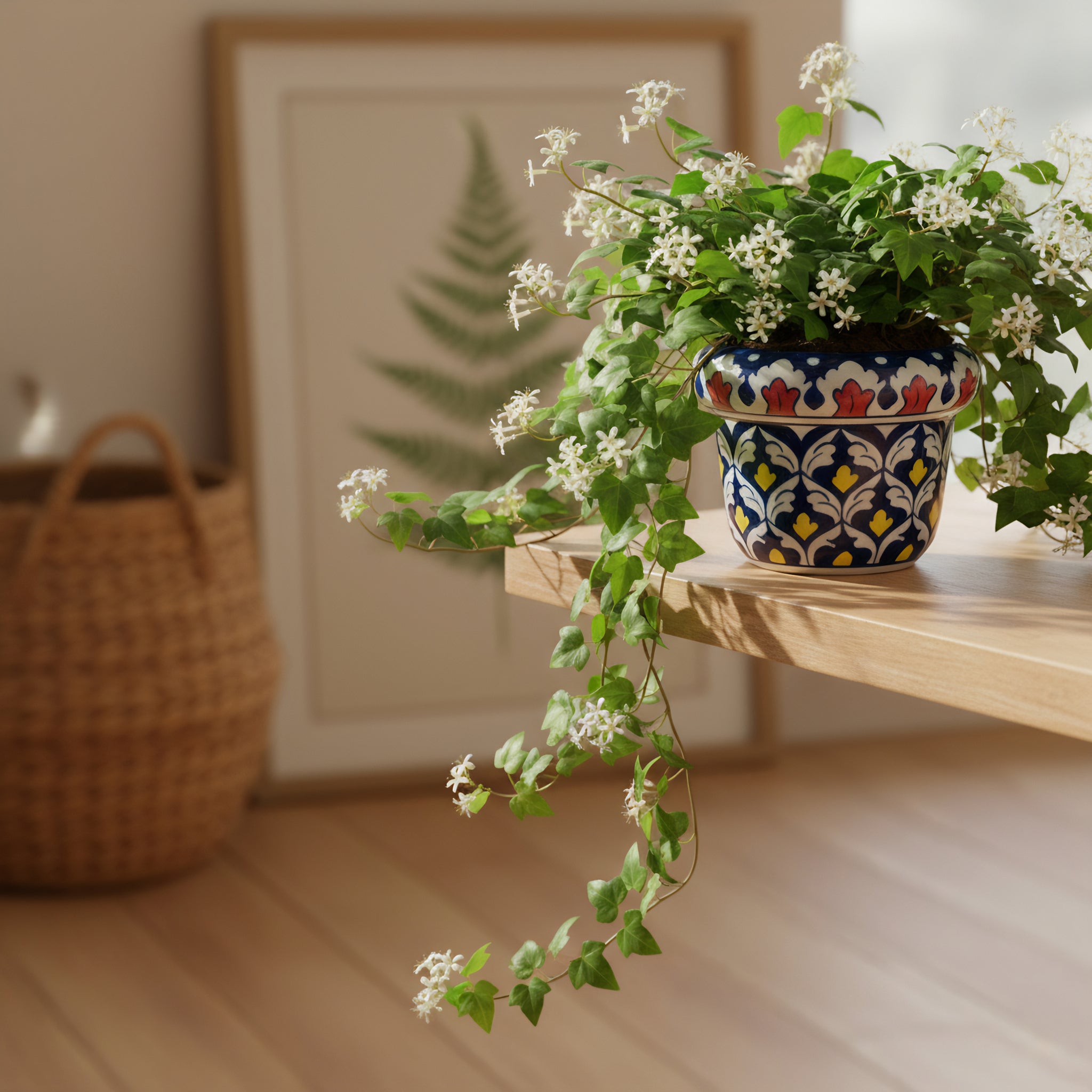 Hand-Painted Blue Pottery Planter — 6″ Wide × 5″ High Multani Ceramic (Red–Yellow Floral Lattice)