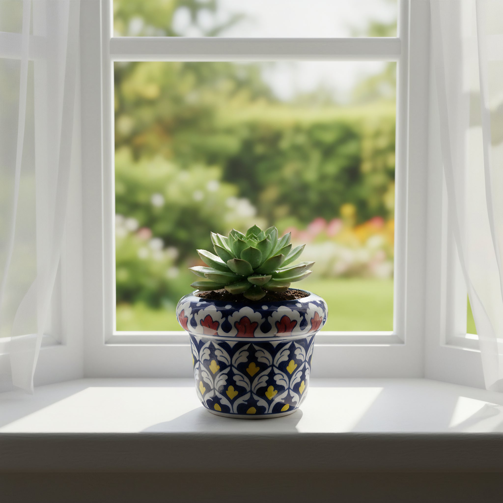 Hand-Painted Blue Pottery Planter — 6″ Wide × 5″ High Multani Ceramic (Red–Yellow Floral Lattice)