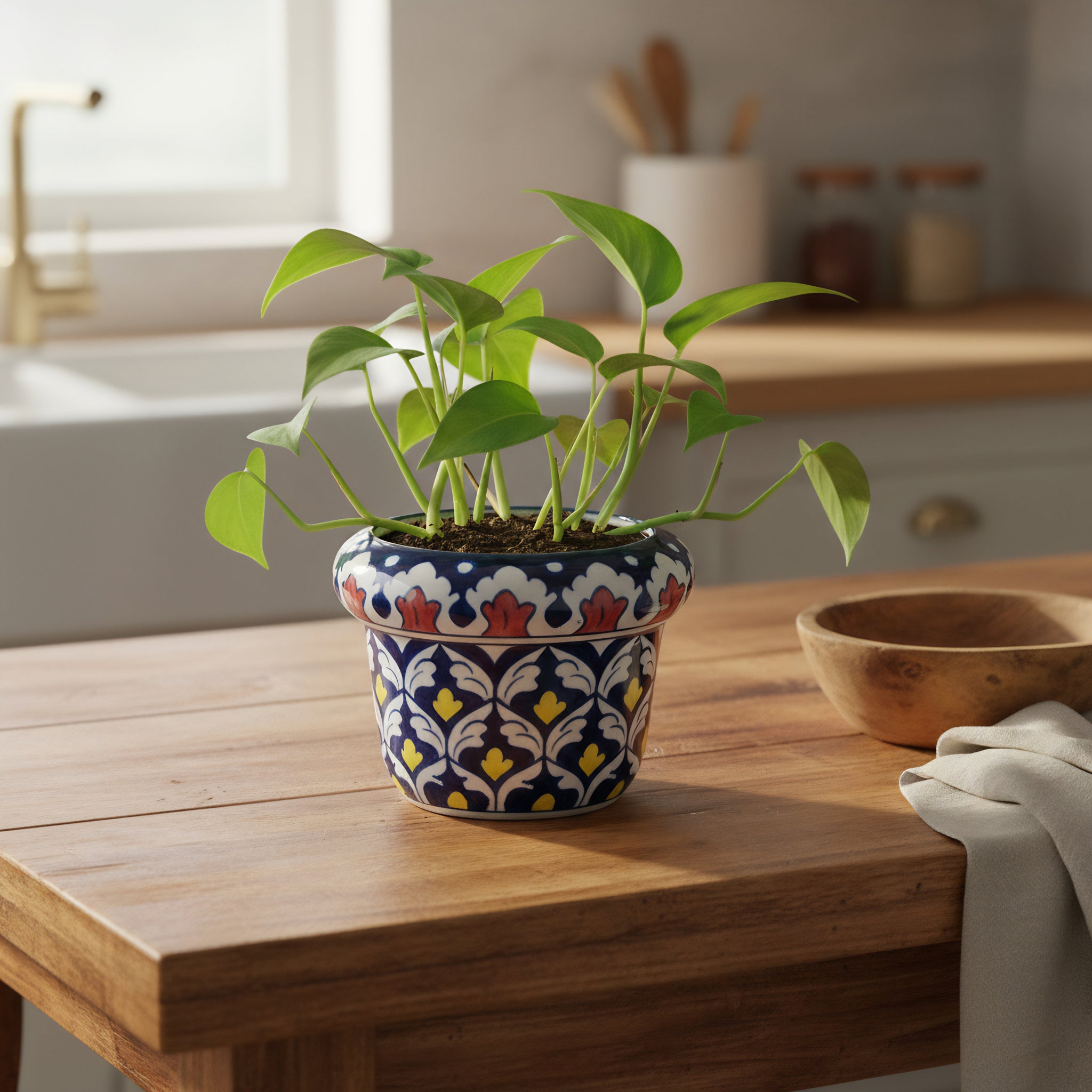 Hand-Painted Blue Pottery Planter — 6″ Wide × 5″ High Multani Ceramic (Red–Yellow Floral Lattice)