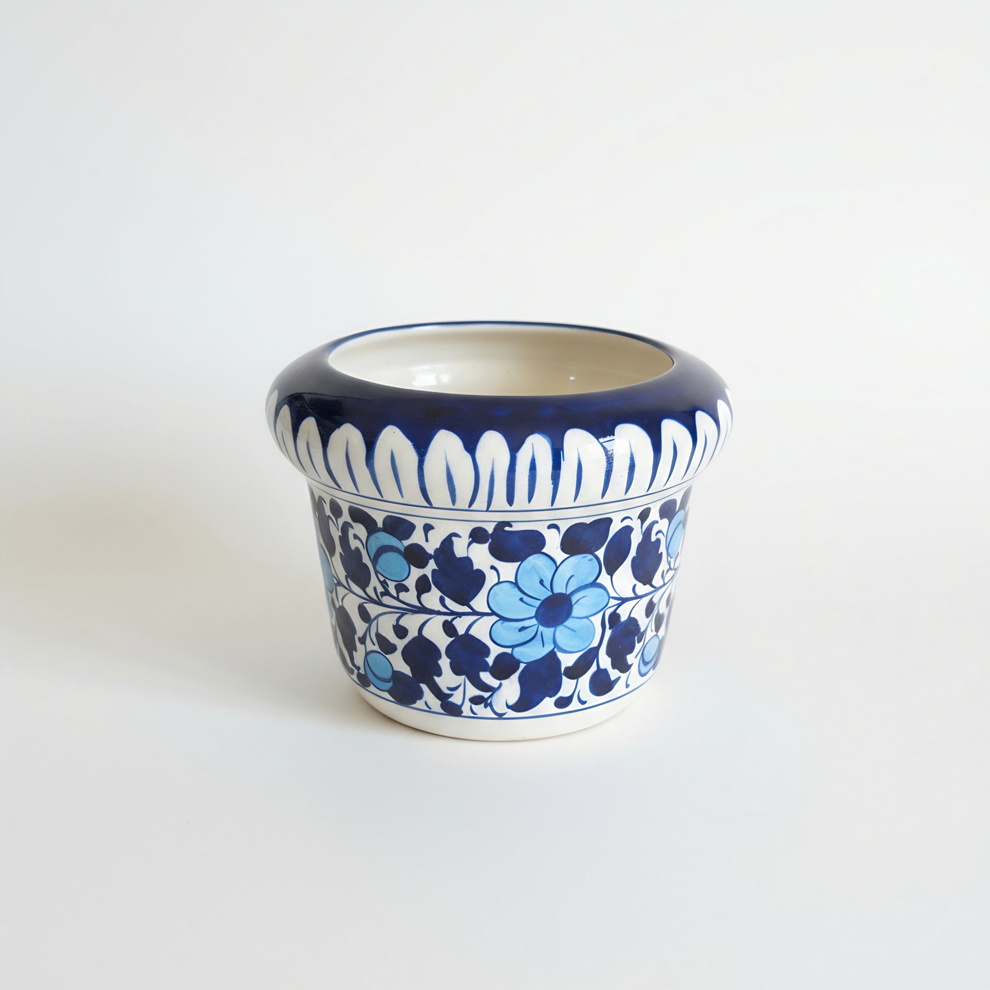Hand-Painted Blue Pottery Planter — 6″ Wide × 5″ High Multani Ceramic (Navy–Sky Floral Vine)