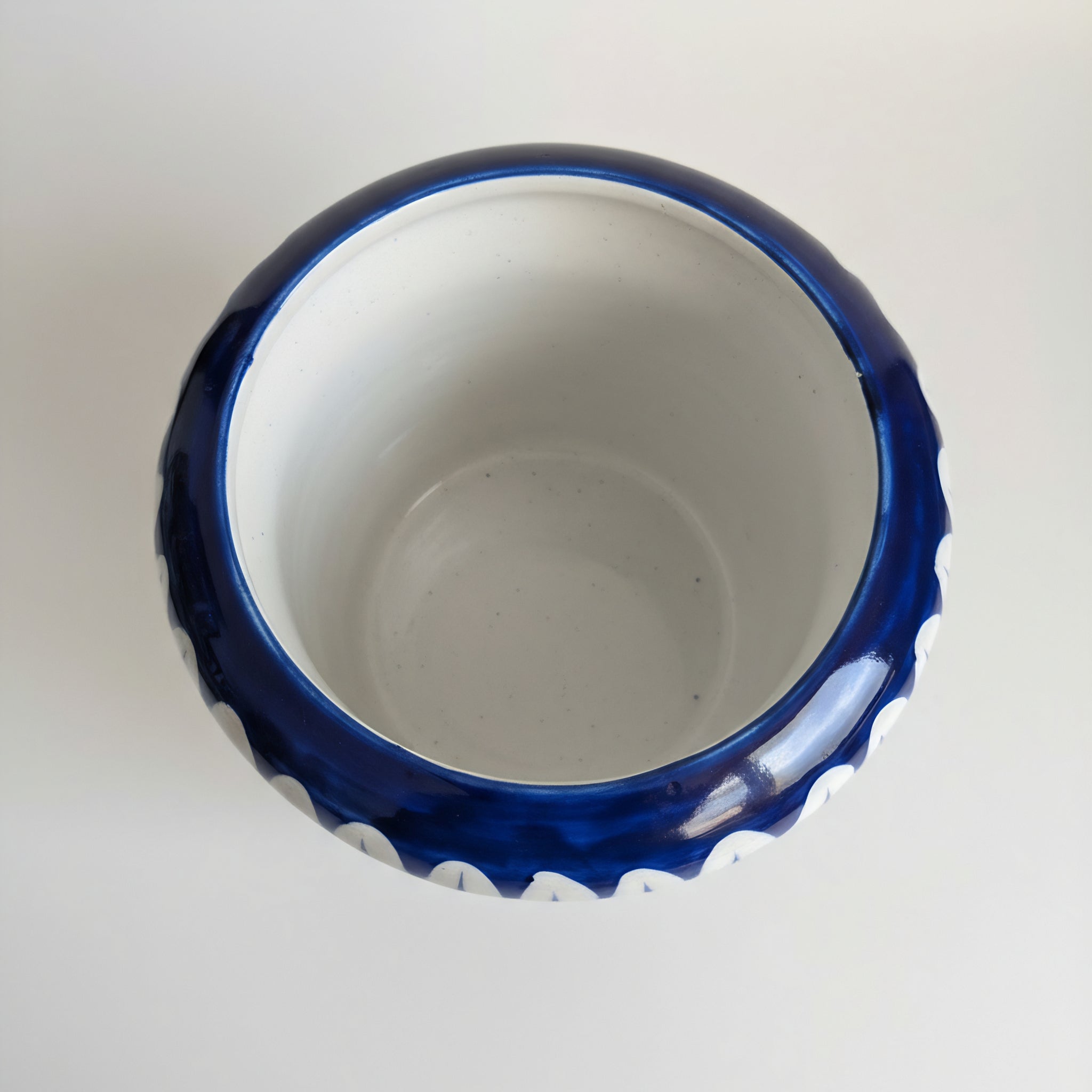 Hand-Painted Blue Pottery Planter — 6″ Wide × 5″ High Multani Ceramic (Navy–Sky Floral Vine)