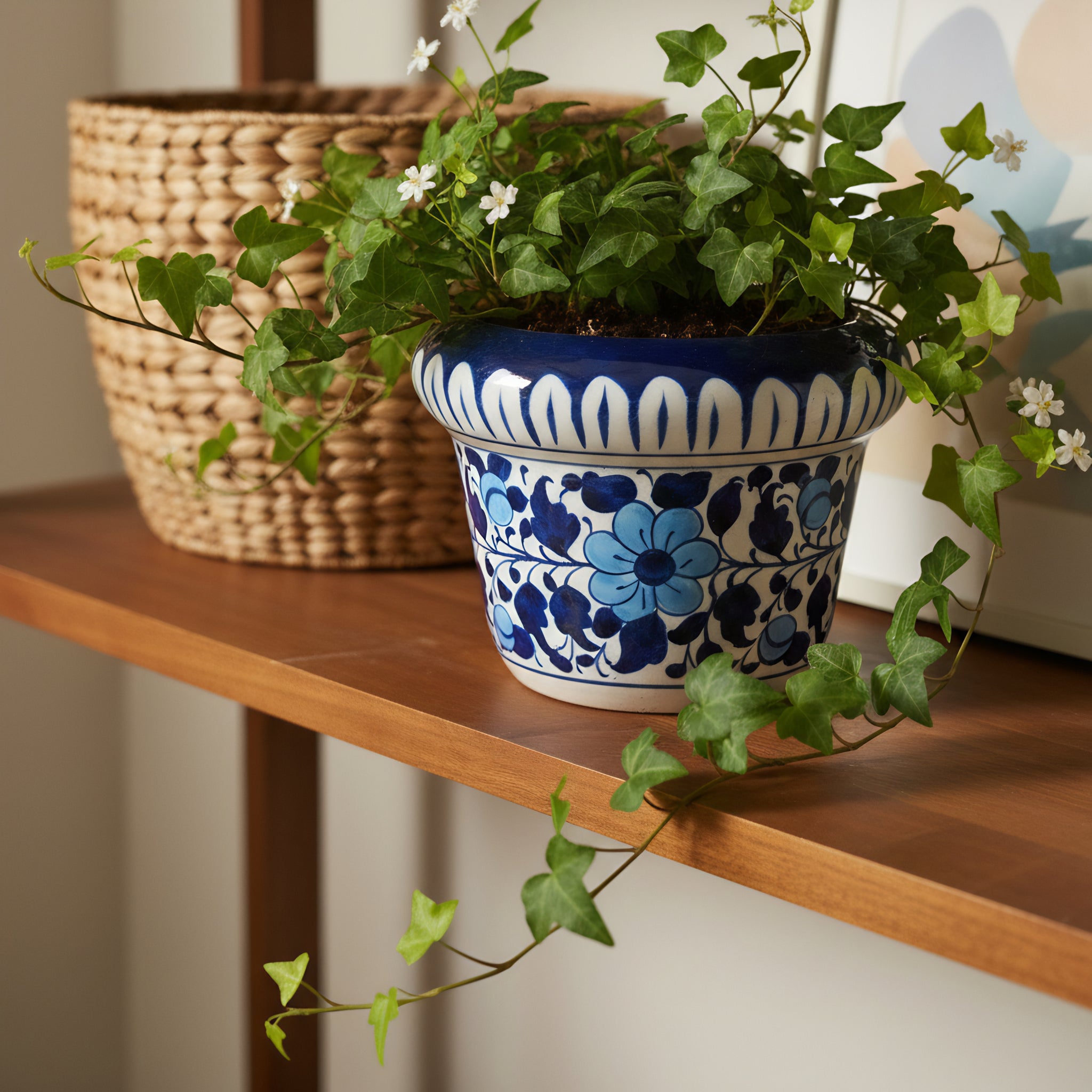 Hand-Painted Blue Pottery Planter — 6″ Wide × 5″ High Multani Ceramic (Navy–Sky Floral Vine)