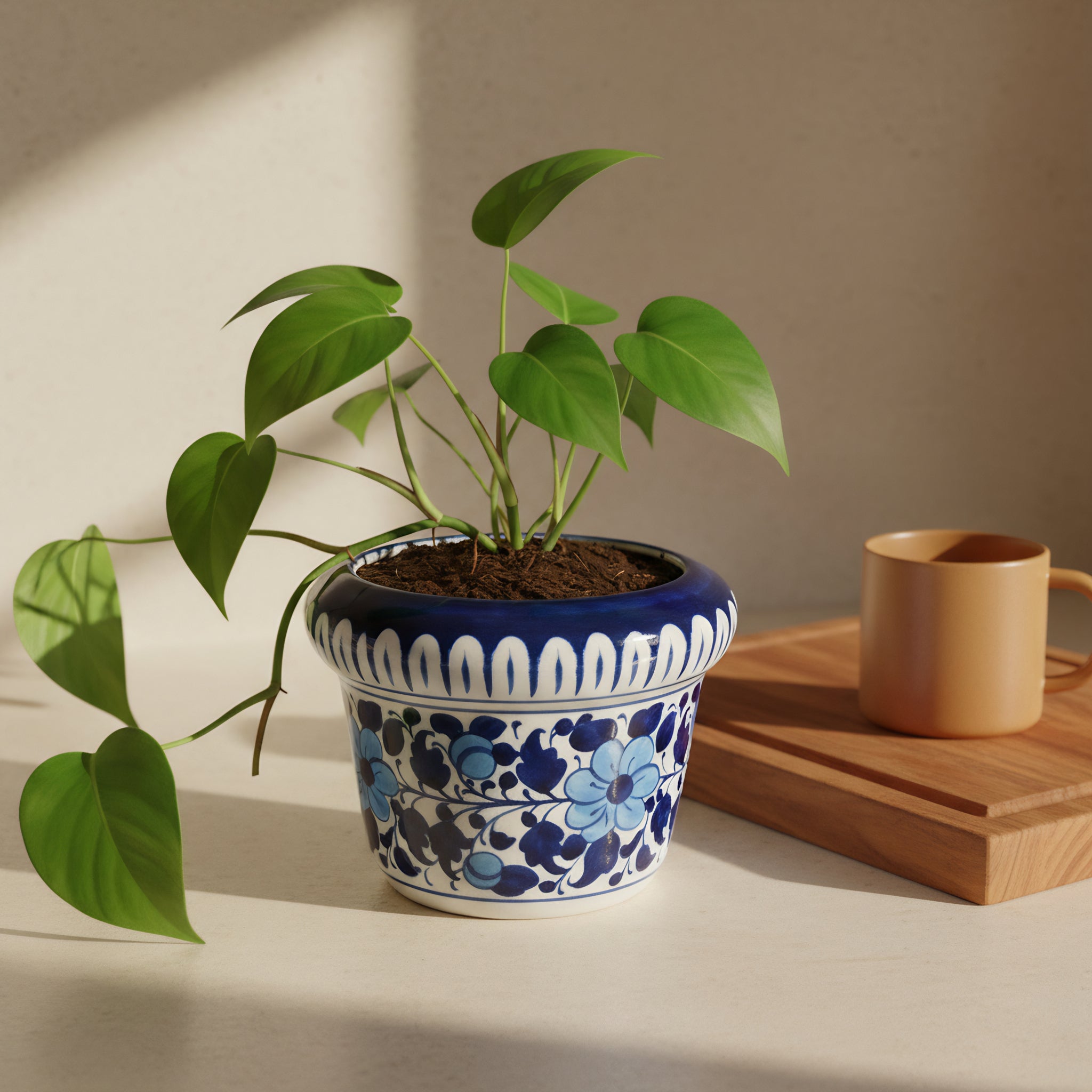 Hand-Painted Blue Pottery Planter — 6″ Wide × 5″ High Multani Ceramic (Navy–Sky Floral Vine)