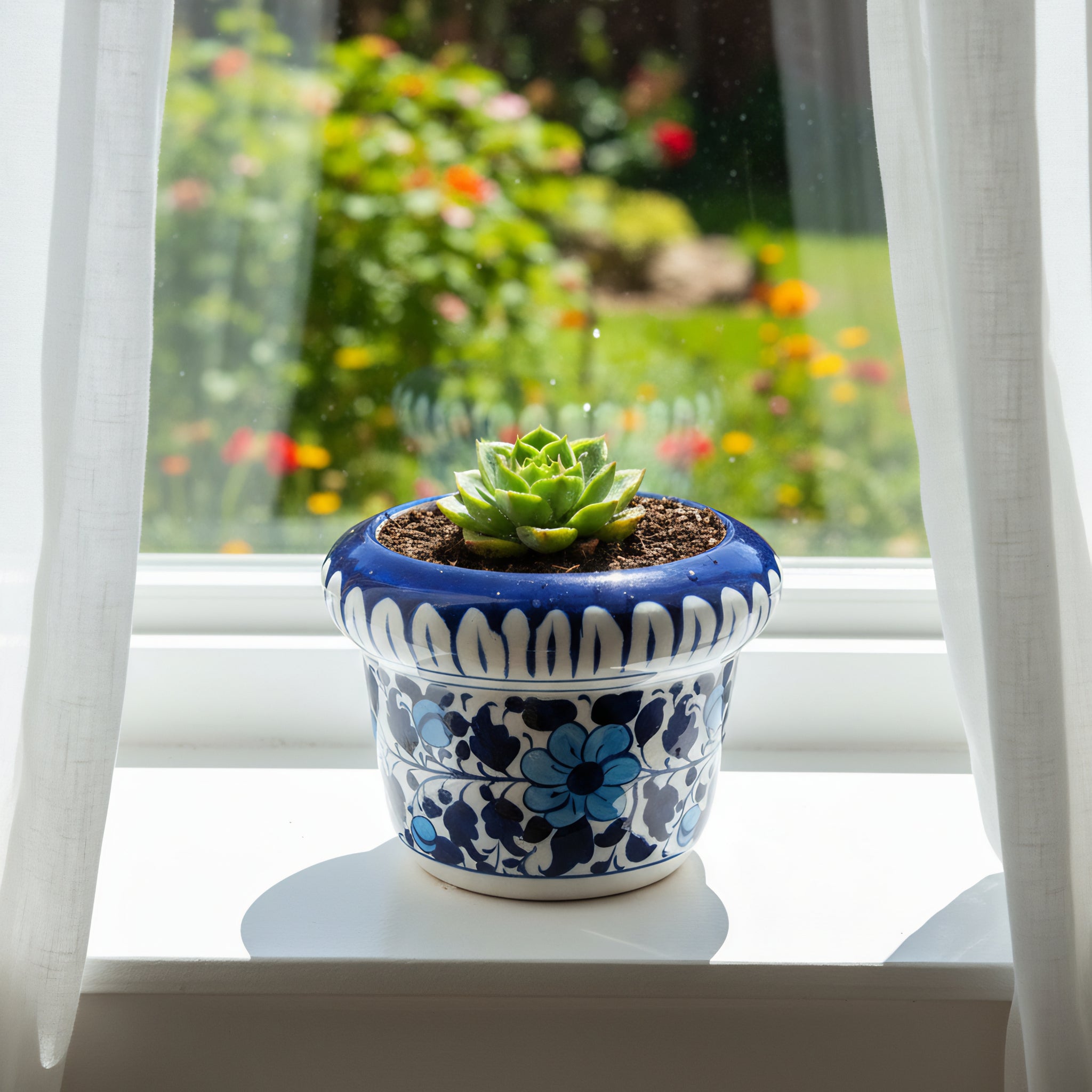 Hand-Painted Blue Pottery Planter — 6″ Wide × 5″ High Multani Ceramic (Navy–Sky Floral Vine)