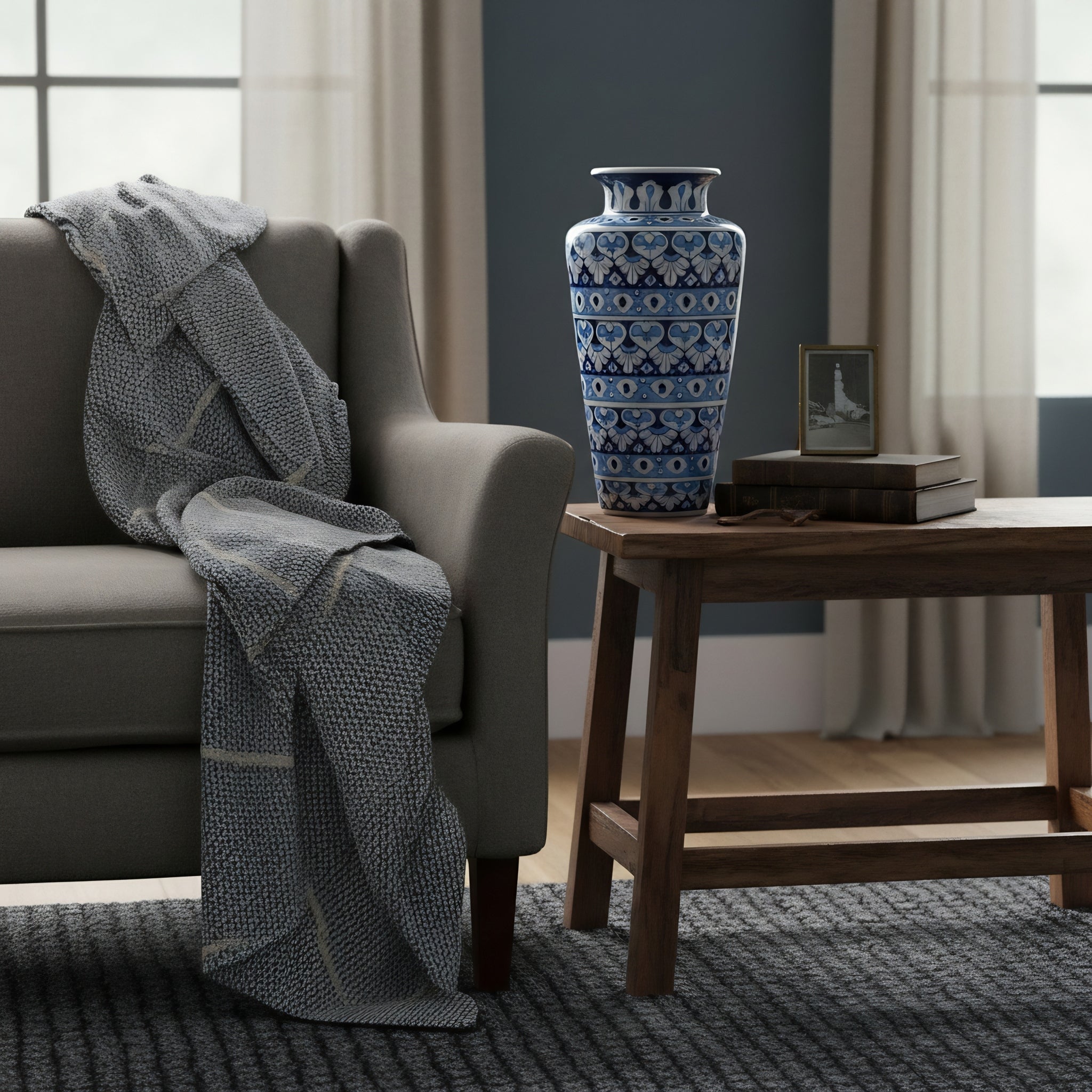 Tall Cobalt Floral Blue Pottery Vase – 14 Inch