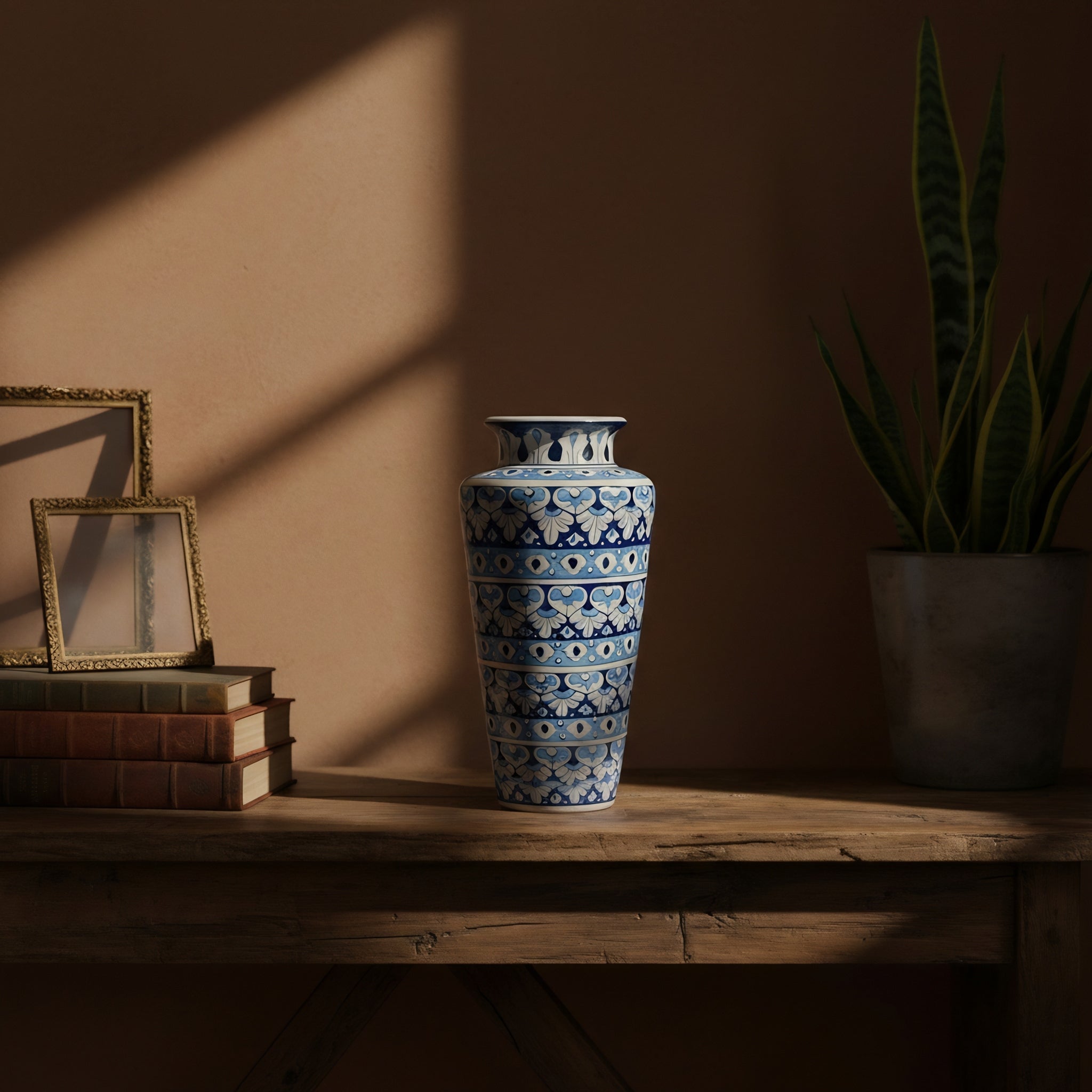 Tall Cobalt Floral Blue Pottery Vase – 14 Inch