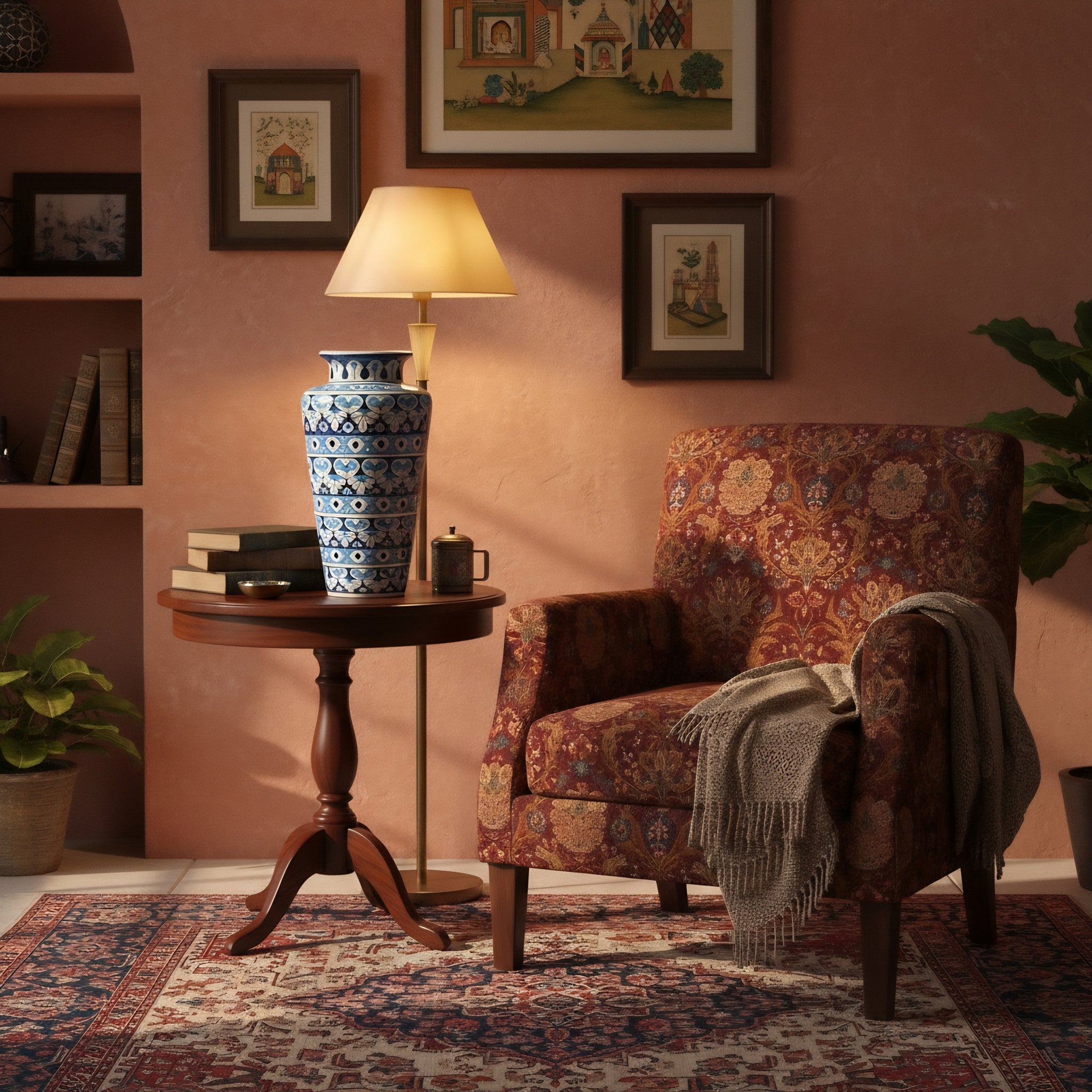 Tall Cobalt Floral Blue Pottery Vase – 14 Inch