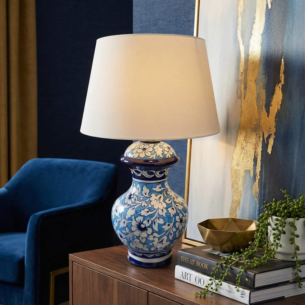 Sky Blue Floral Blue Pottery Table Lamp – 16 Inch Base