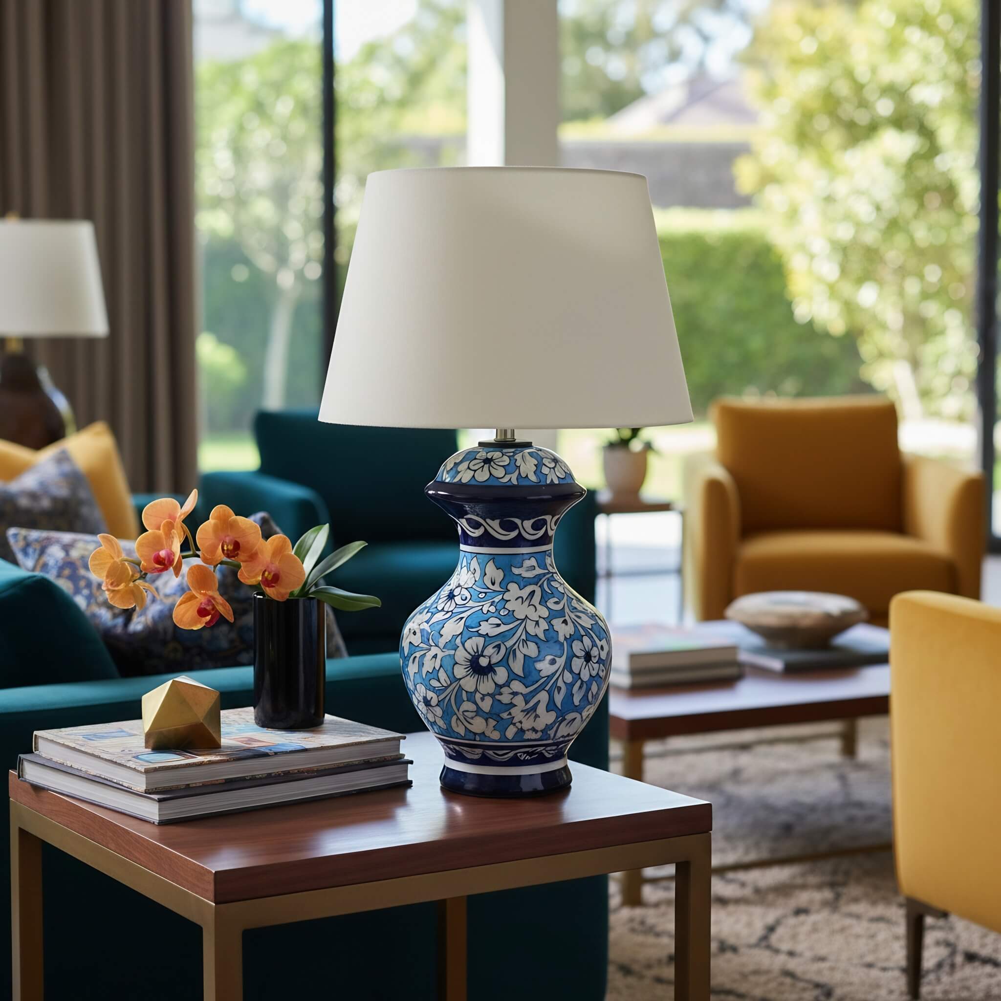 Sky Blue Floral Blue Pottery Table Lamp – 16 Inch Base