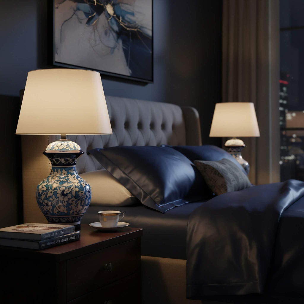 Sky Blue Floral Blue Pottery Table Lamp – 16 Inch Base