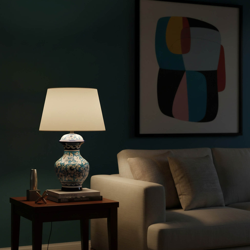 Sky Blue Floral Blue Pottery Table Lamp – 16 Inch Base