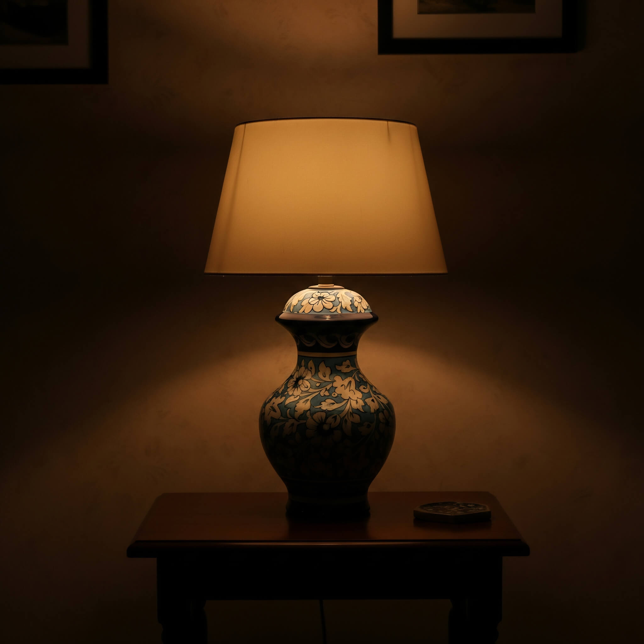 Sky Blue Floral Blue Pottery Table Lamp – 16 Inch Base