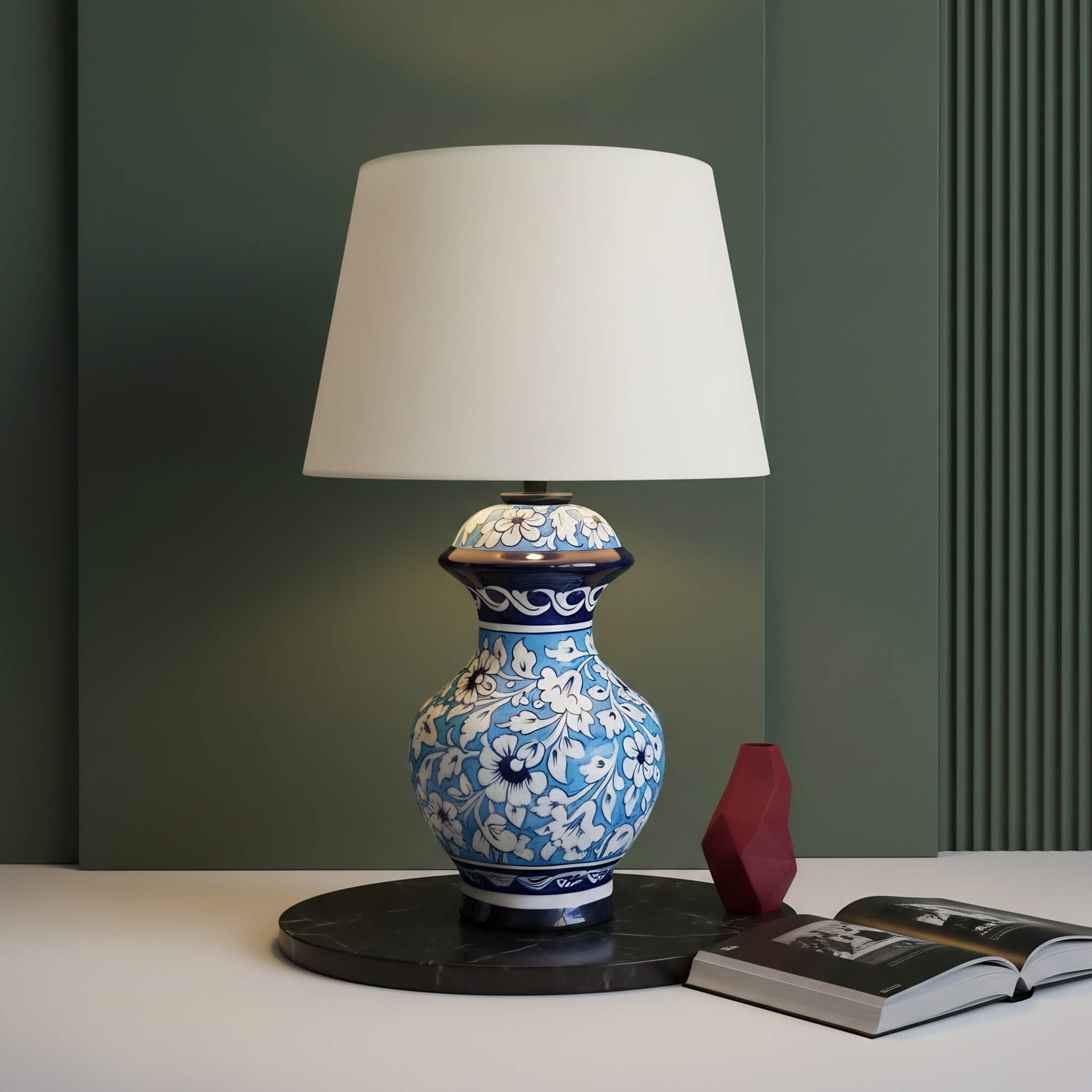 Sky Blue Floral Blue Pottery Table Lamp – 16 Inch Base