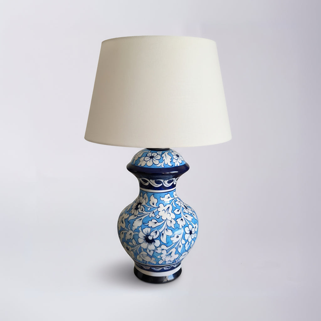 Sky Blue Floral Blue Pottery Table Lamp – 16 Inch Base