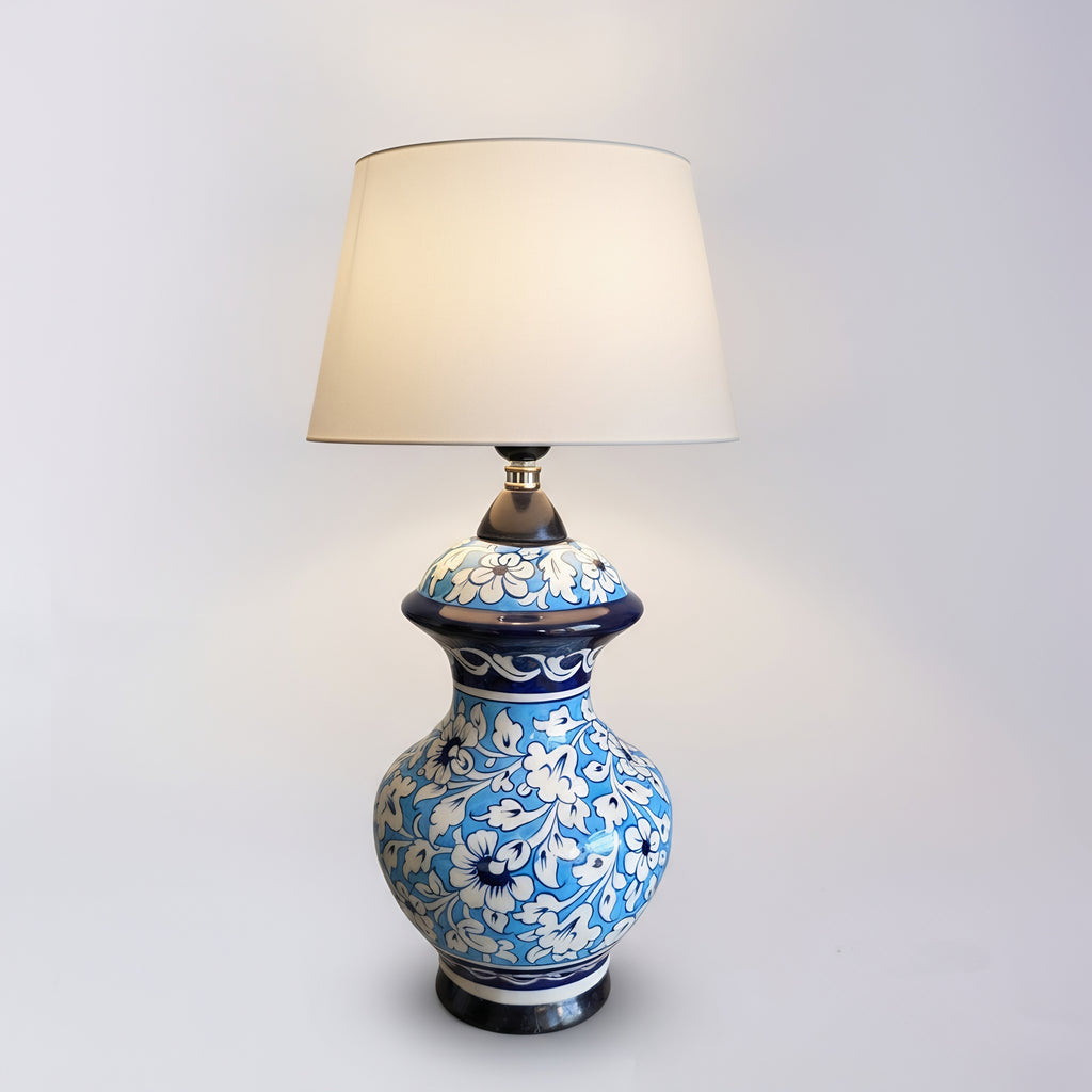 Sky Blue Floral Blue Pottery Table Lamp – 16 Inch Base