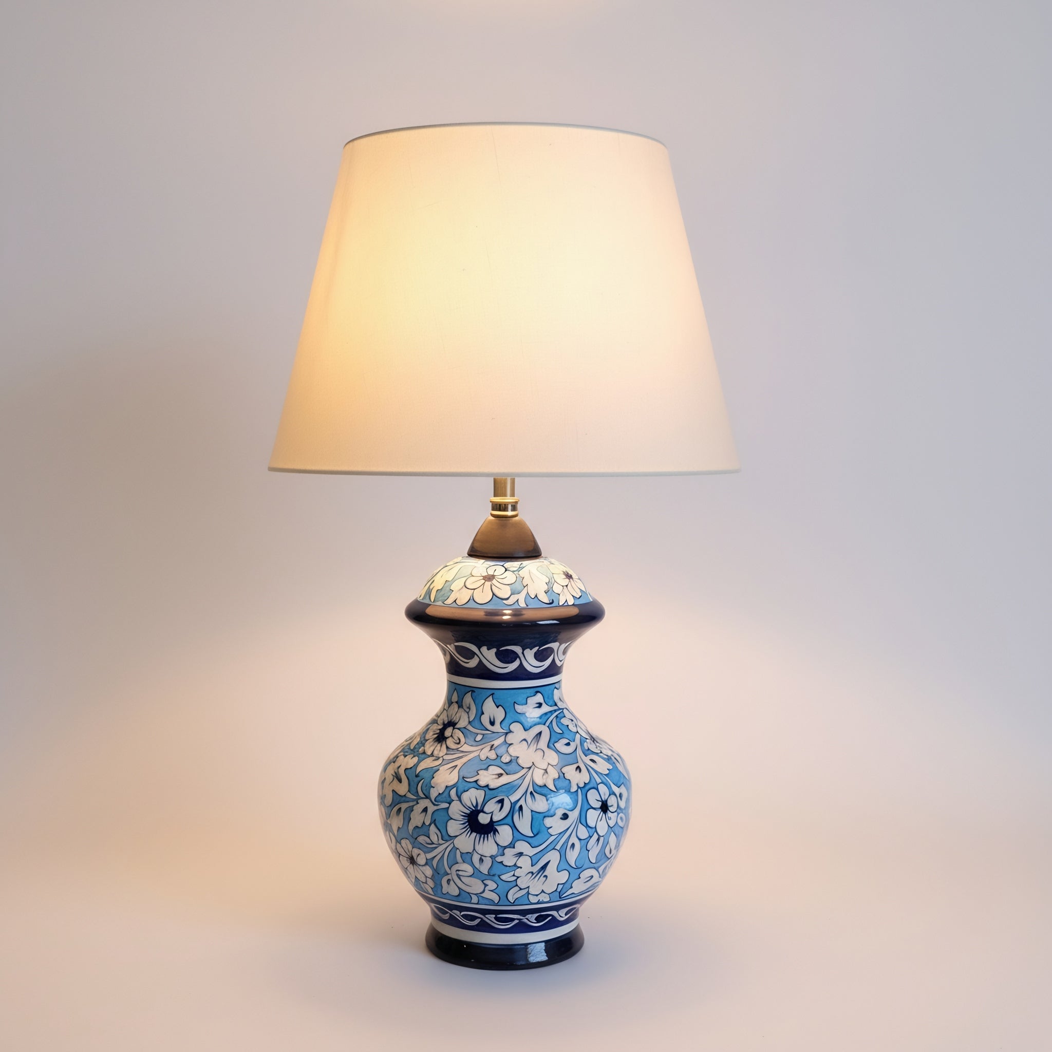 Sky Blue Floral Blue Pottery Table Lamp – 16 Inch Base