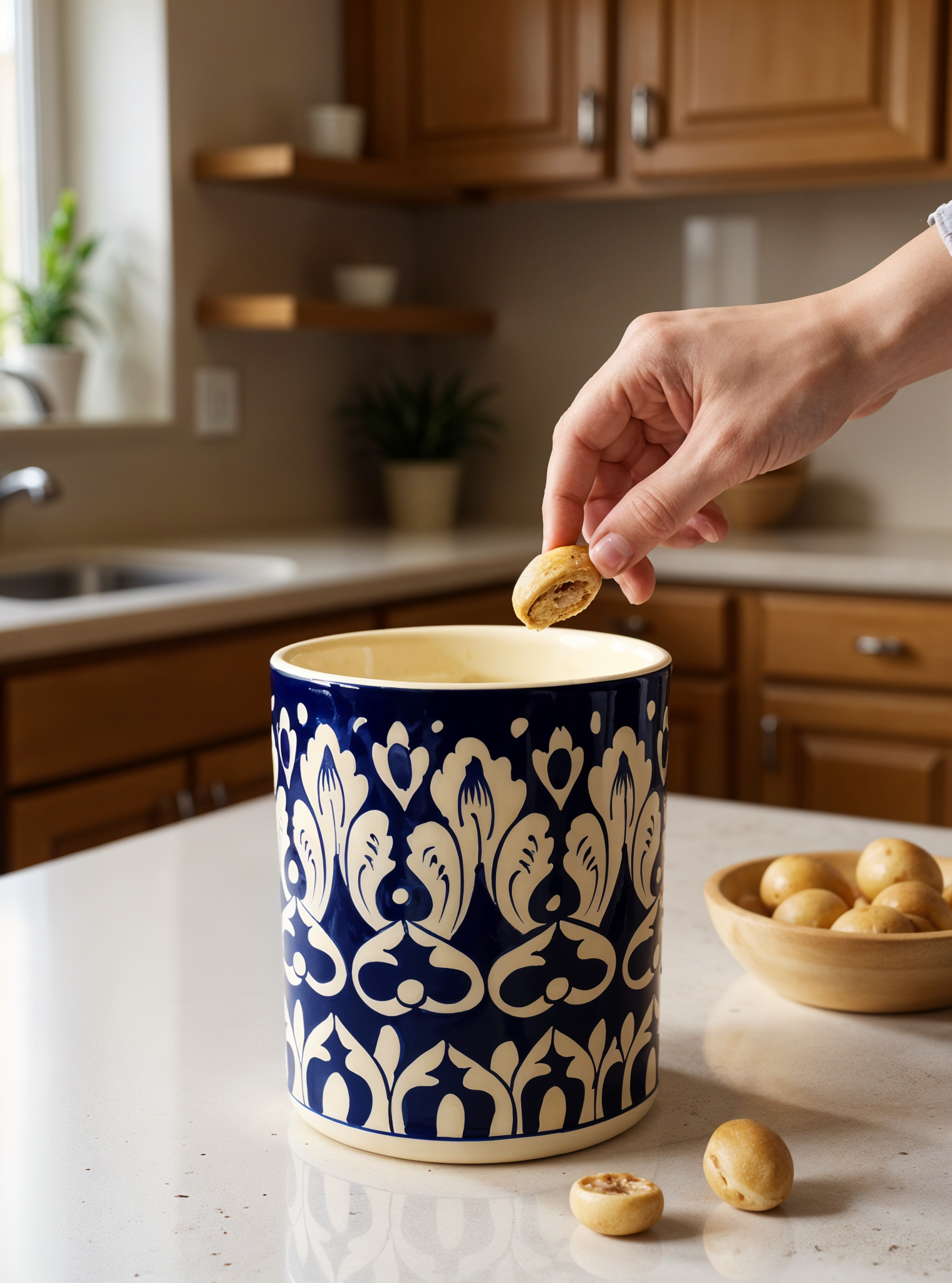 A person is placing a cookie into a decorative, multani blue pottery ceramic jar on a kitchen counter.