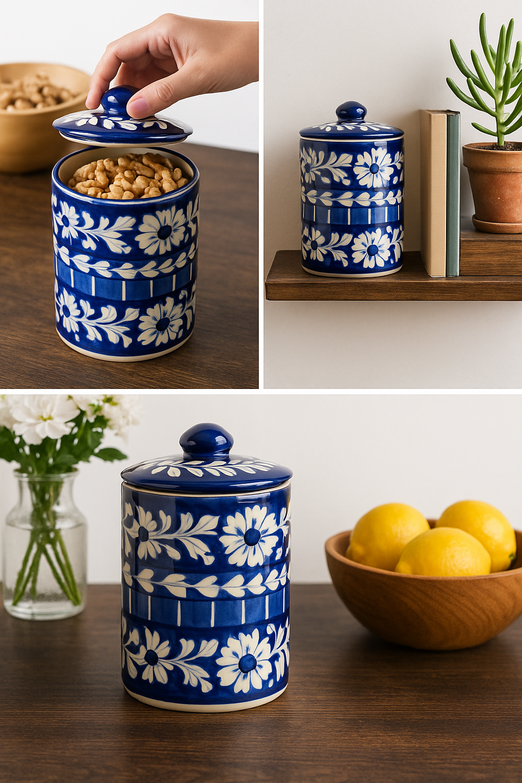 Blue and white patterned Multani Blue Pottery canisters used for storage on a wooden surface, accompanied by lemons and a plant.