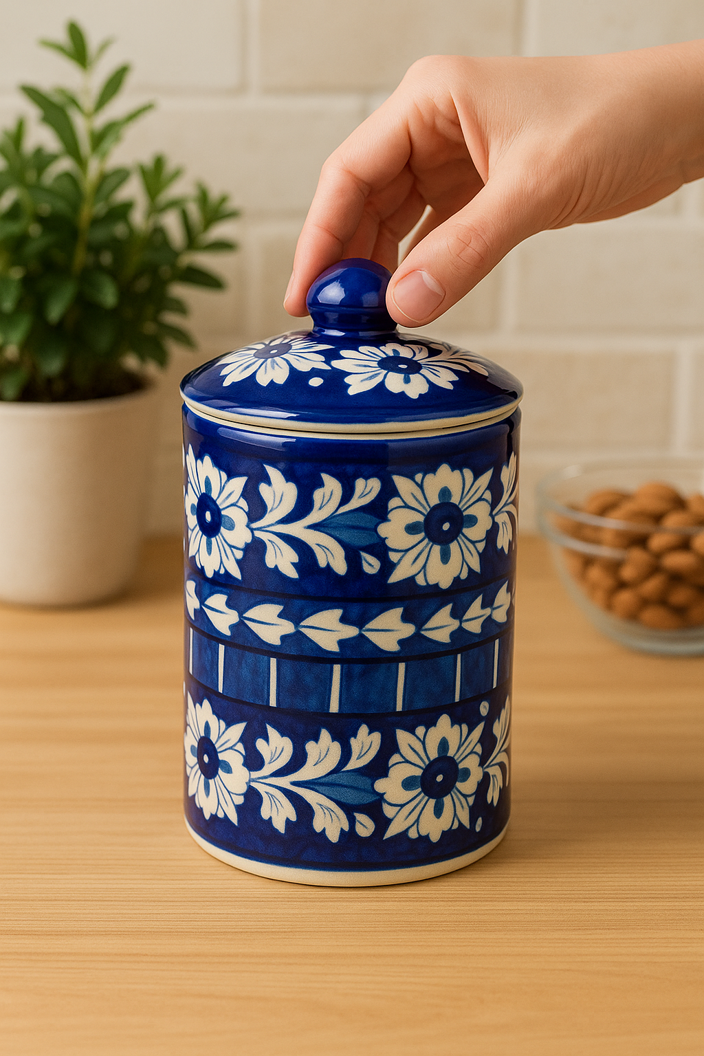 Blue and white patterned ceramic Multani Blue Pottery jar with a hand lifting the lid on a wooden surface.